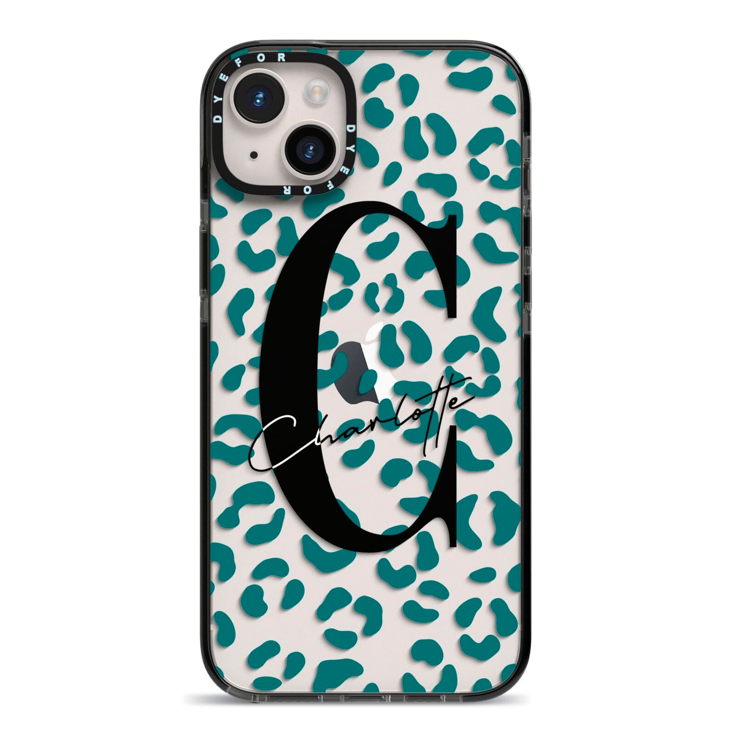 Personalised Leopard Print Clear Green iPhone 14 Plus Black Impact Case on Silver phone