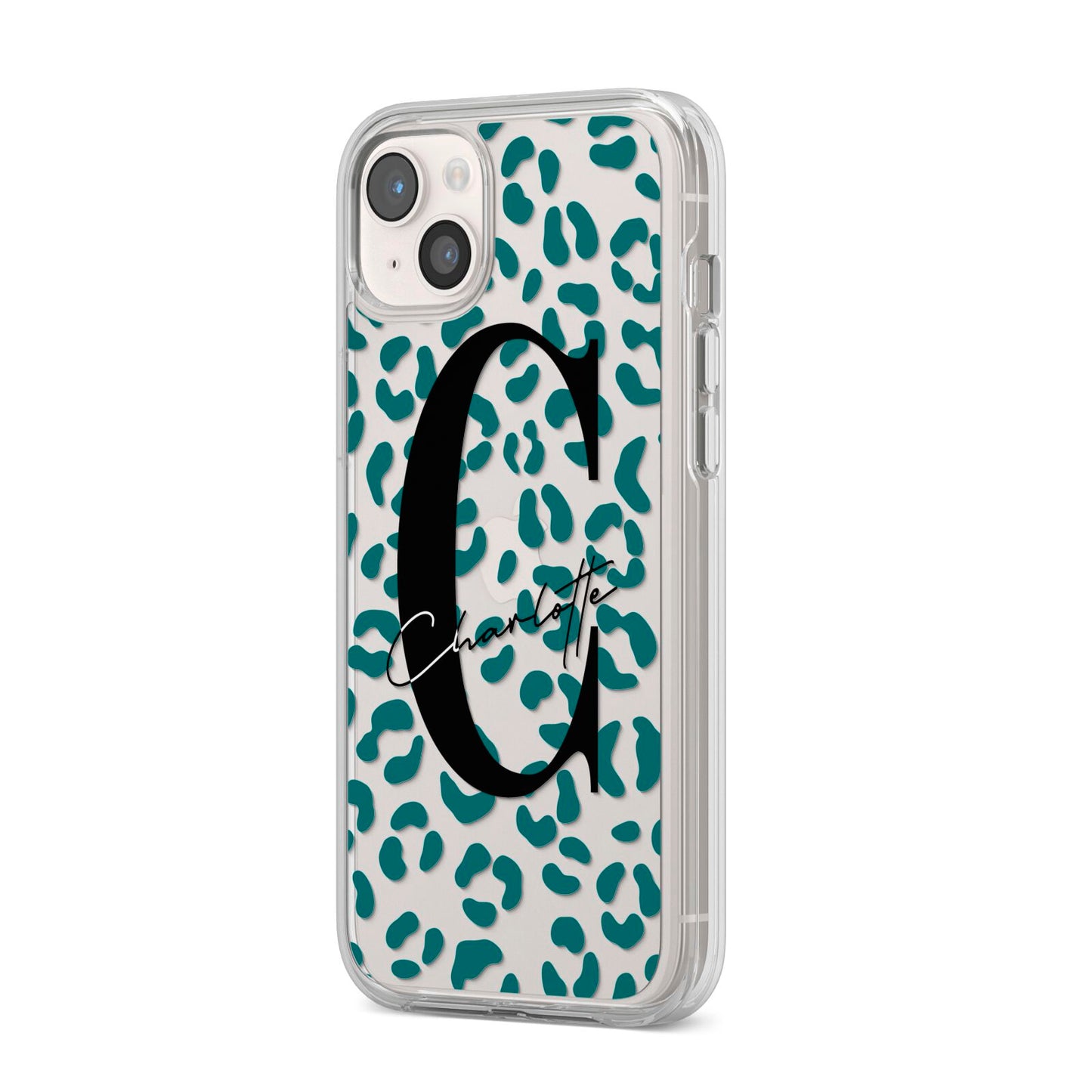 Personalised Leopard Print Clear Green iPhone 14 Plus Clear Tough Case Starlight Angled Image