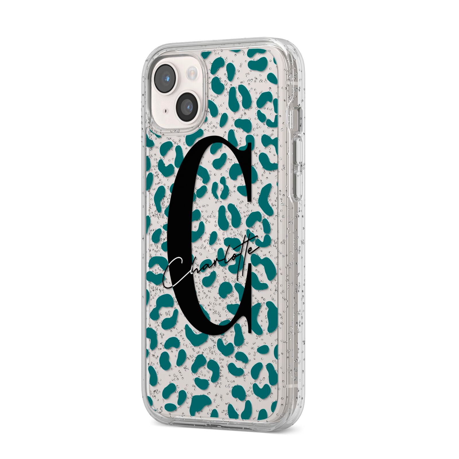 Personalised Leopard Print Clear Green iPhone 14 Plus Glitter Tough Case Starlight Angled Image