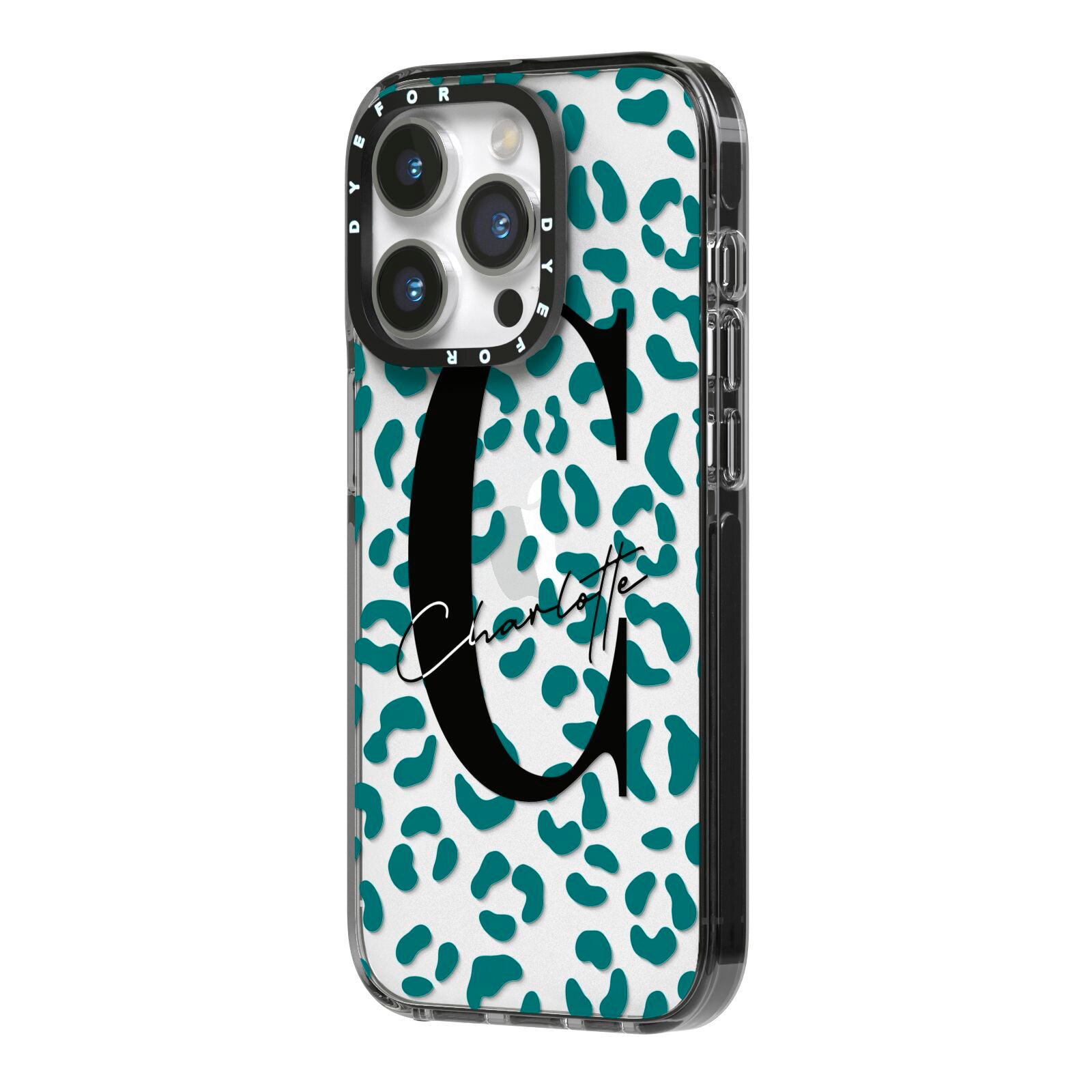 Personalised Leopard Print Clear Green iPhone 14 Pro Black Impact Case Side Angle on Silver phone