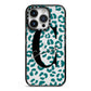 Personalised Leopard Print Clear Green iPhone 14 Pro Black Impact Case on Silver phone