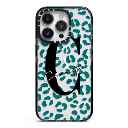 Personalised Leopard Print Clear Green iPhone 14 Pro Black Impact Case on Silver phone