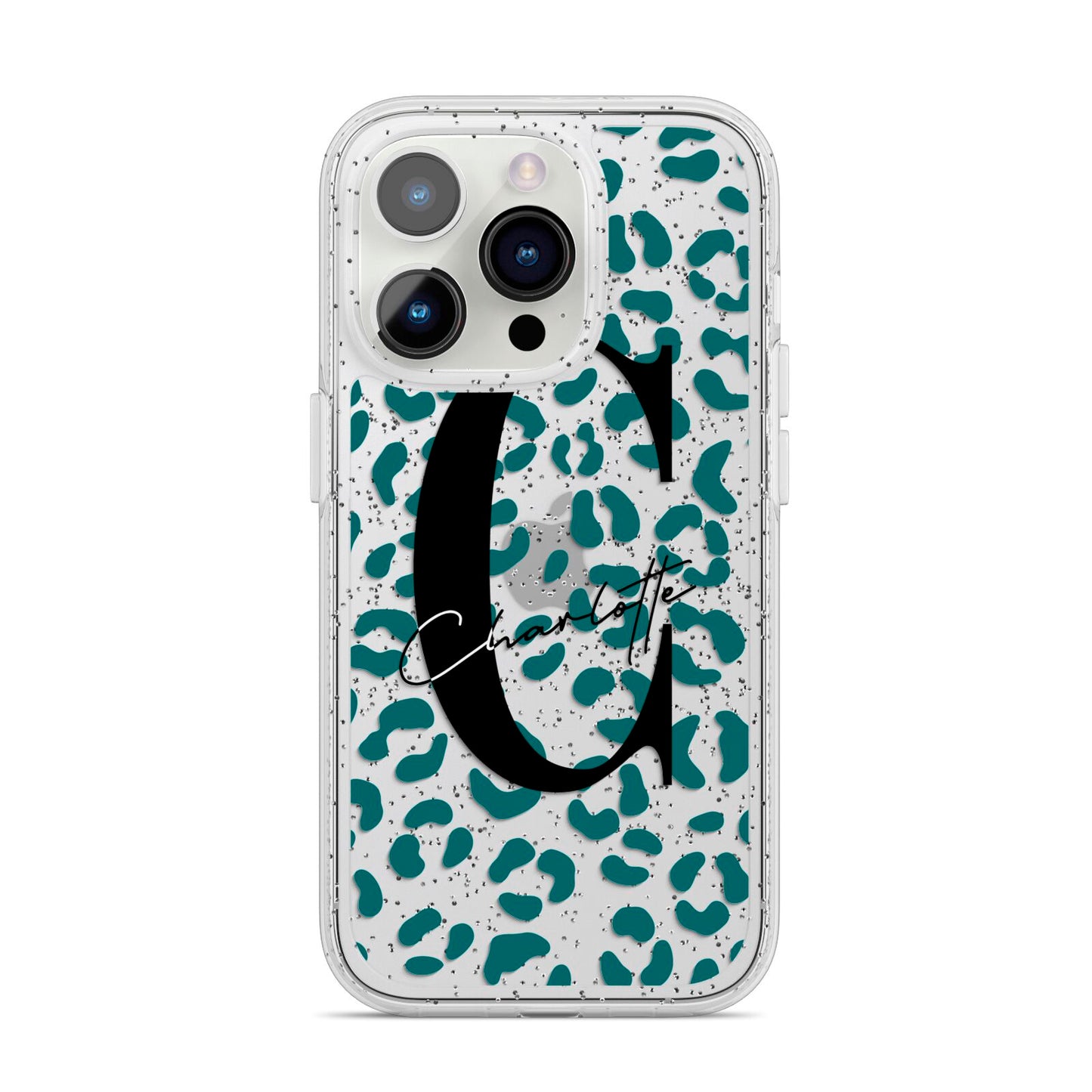 Personalised Leopard Print Clear Green iPhone 14 Pro Glitter Tough Case Silver