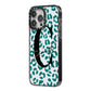 Personalised Leopard Print Clear Green iPhone 14 Pro Max Black Impact Case Side Angle on Silver phone