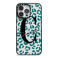 Personalised Leopard Print Clear Green iPhone 14 Pro Max Black Impact Case on Silver phone