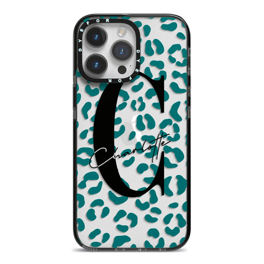 Personalised Leopard Print Clear Green iPhone 14 Pro Max Black Impact Case on Silver phone
