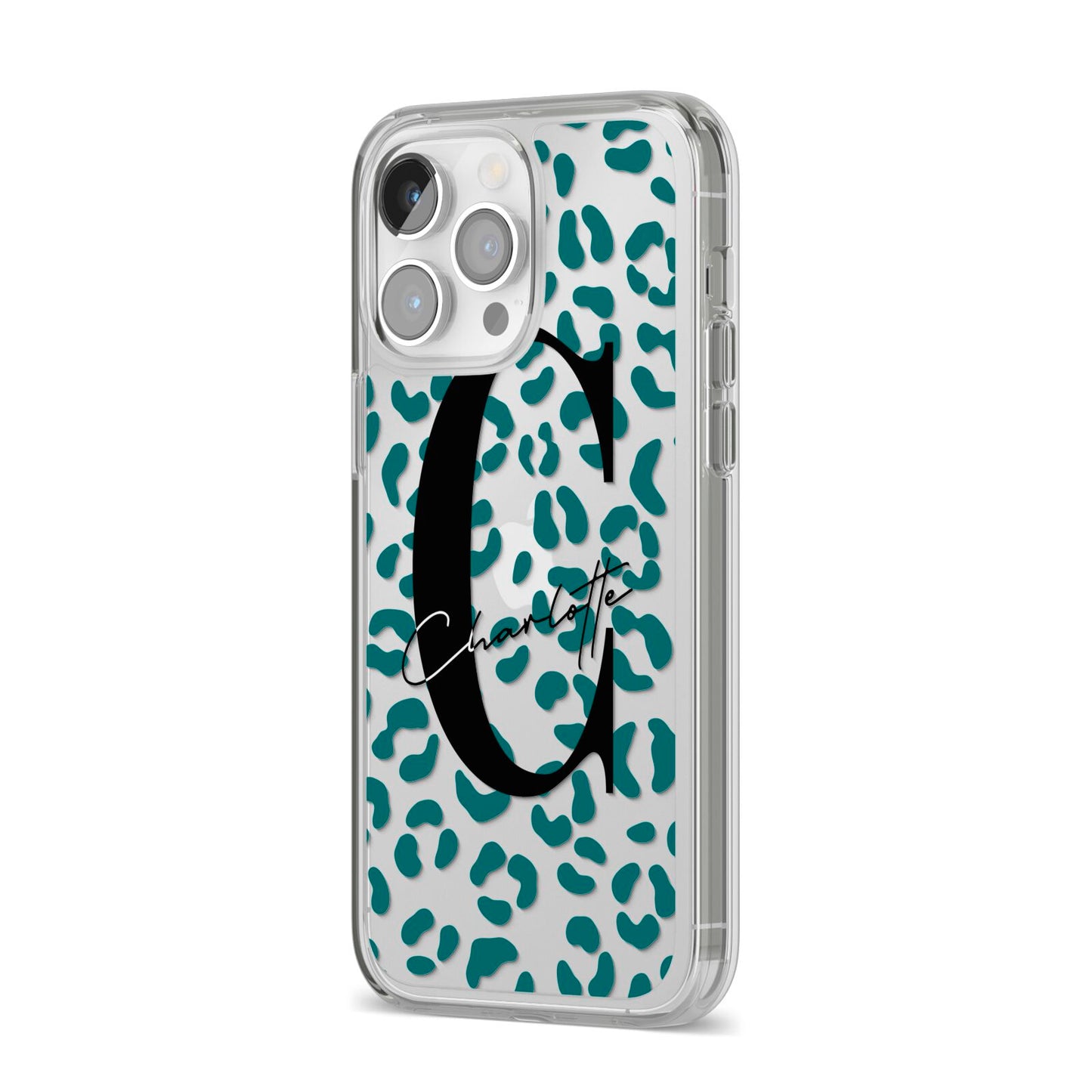 Personalised Leopard Print Clear Green iPhone 14 Pro Max Clear Tough Case Silver Angled Image