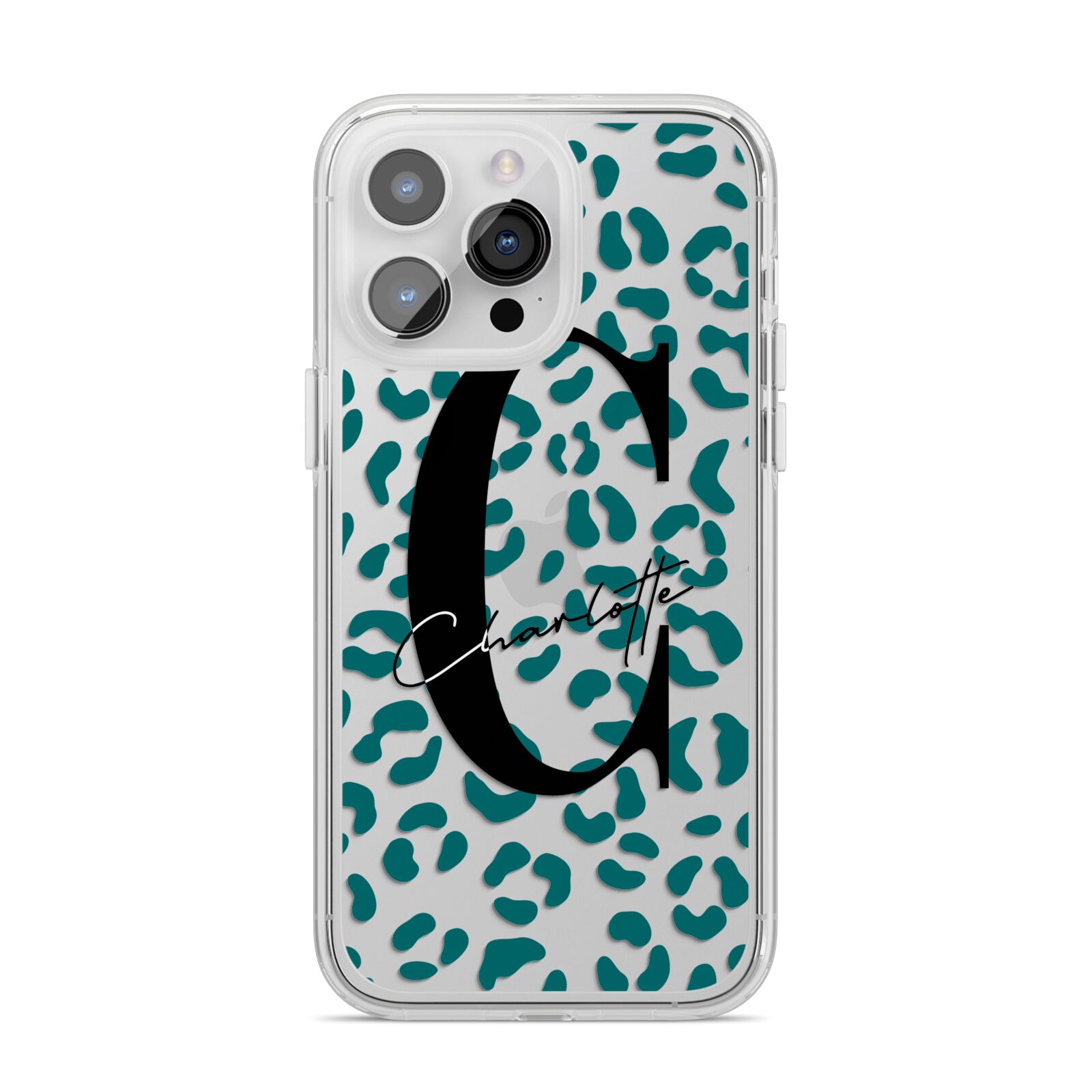 Personalised Leopard Print Clear Green iPhone 14 Pro Max Clear Tough Case Silver
