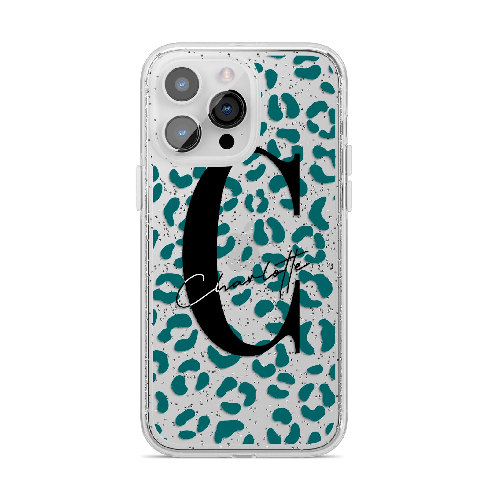 Personalised Leopard Print Clear Green iPhone 14 Pro Max Glitter Tough Case Silver