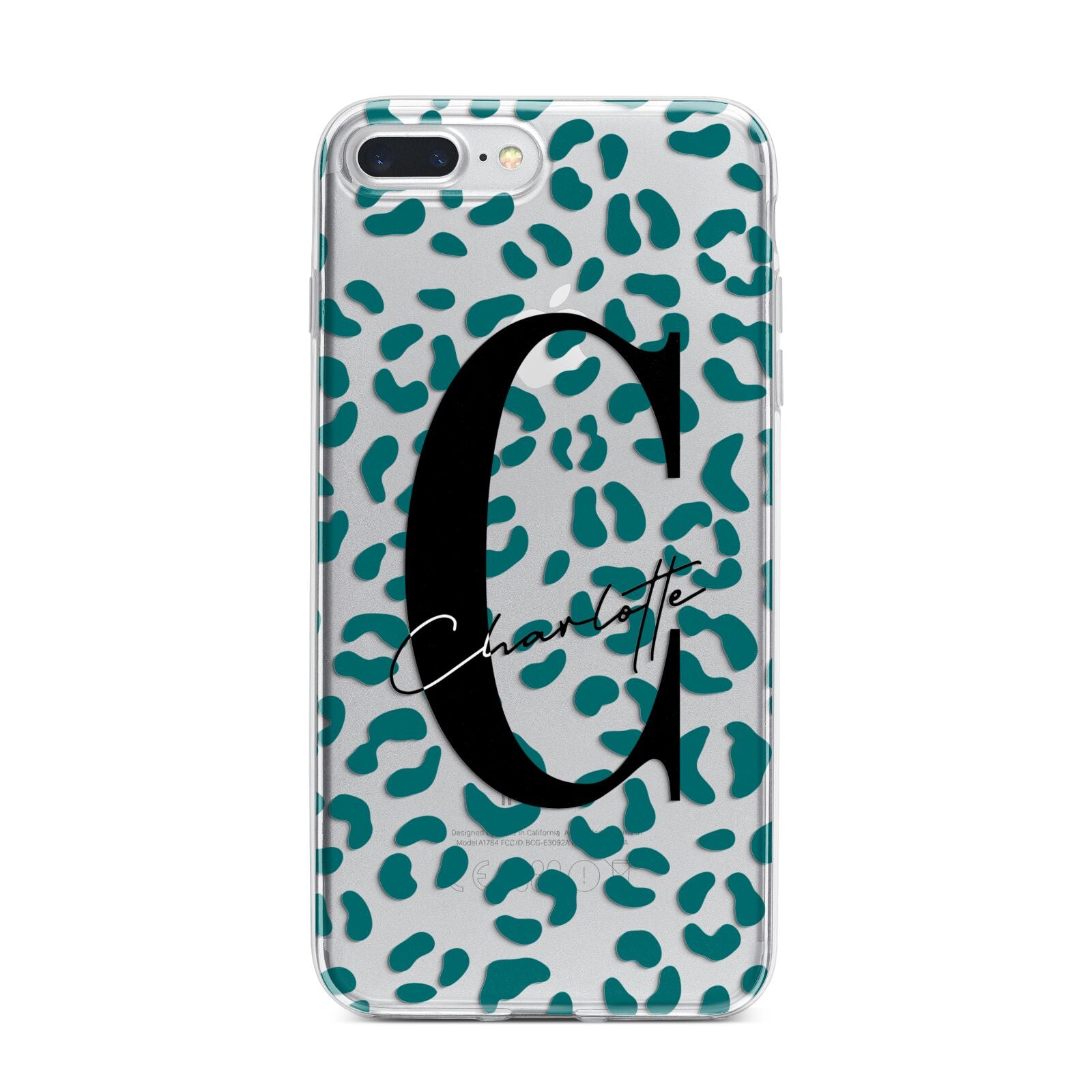 Personalised Leopard Print Clear Green iPhone 7 Plus Bumper Case on Silver iPhone