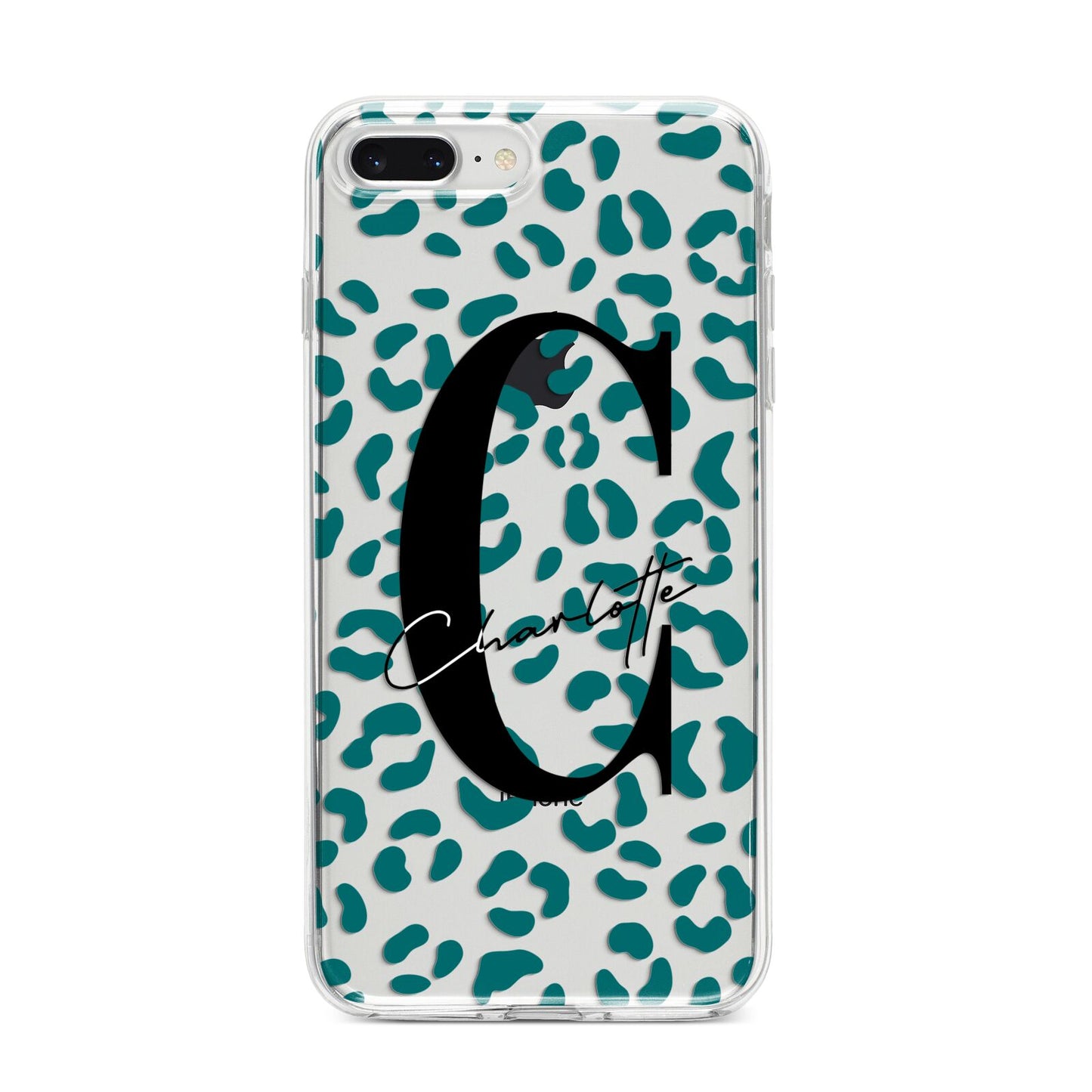 Personalised Leopard Print Clear Green iPhone 8 Plus Bumper Case on Silver iPhone