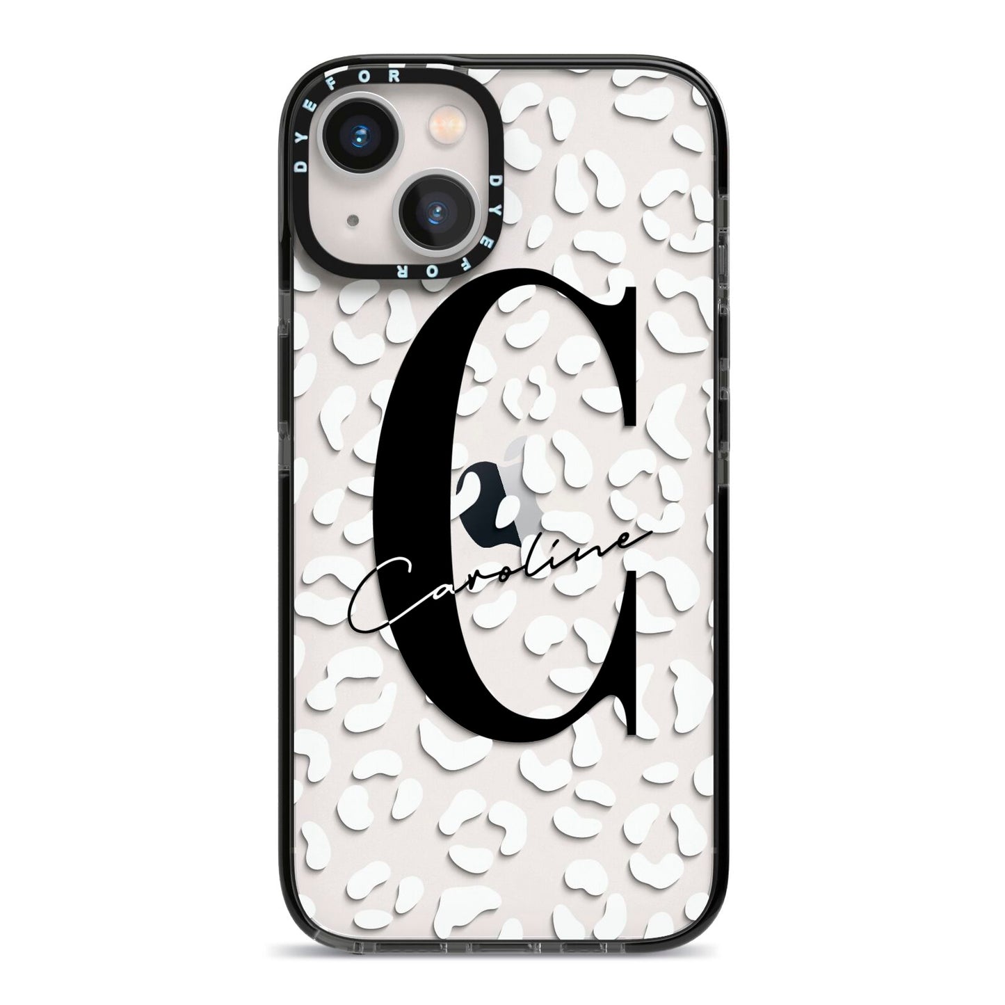 Personalised Leopard Print Clear iPhone 13 Black Impact Case on Silver phone