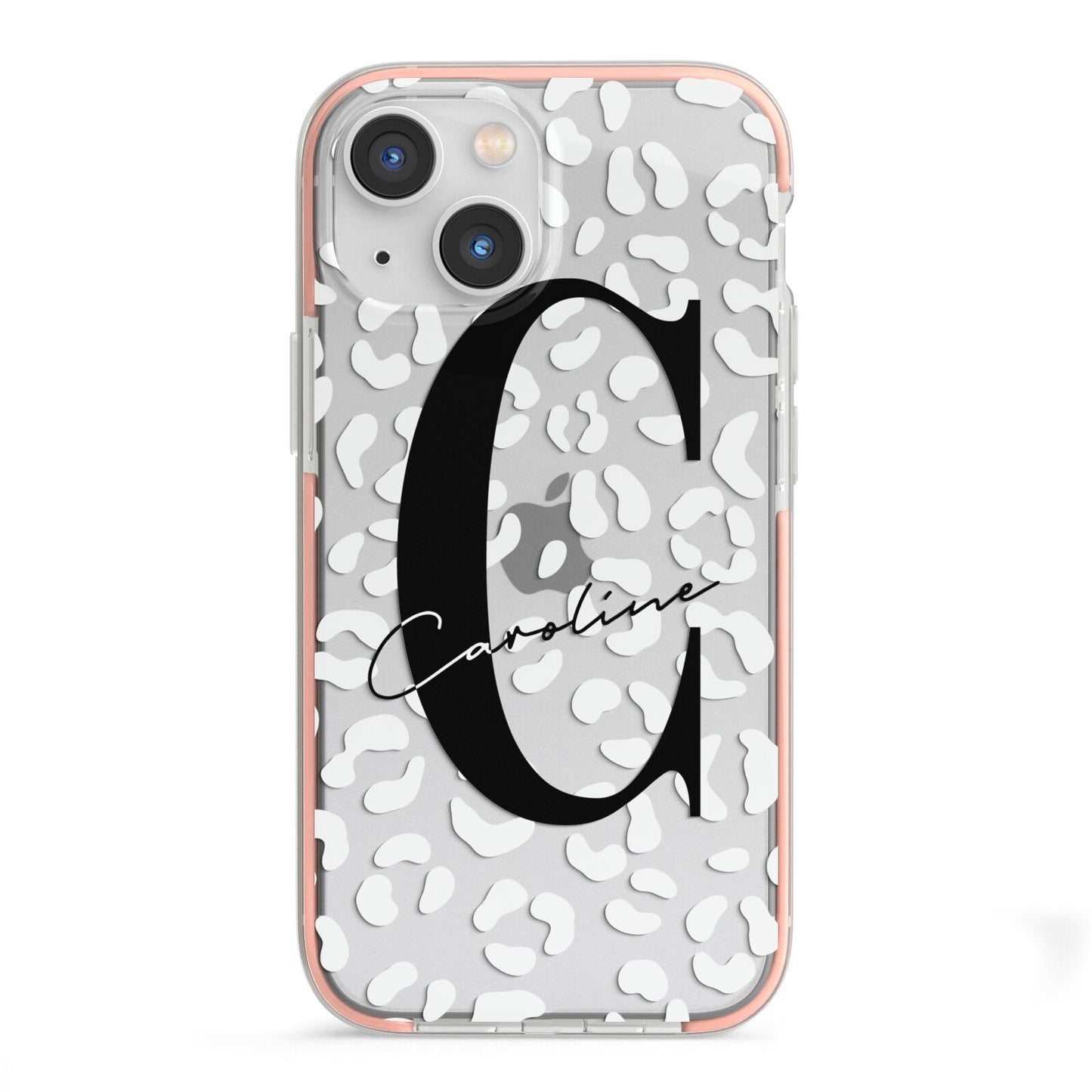 Personalised Leopard Print Clear iPhone 13 Mini TPU Impact Case with Pink Edges