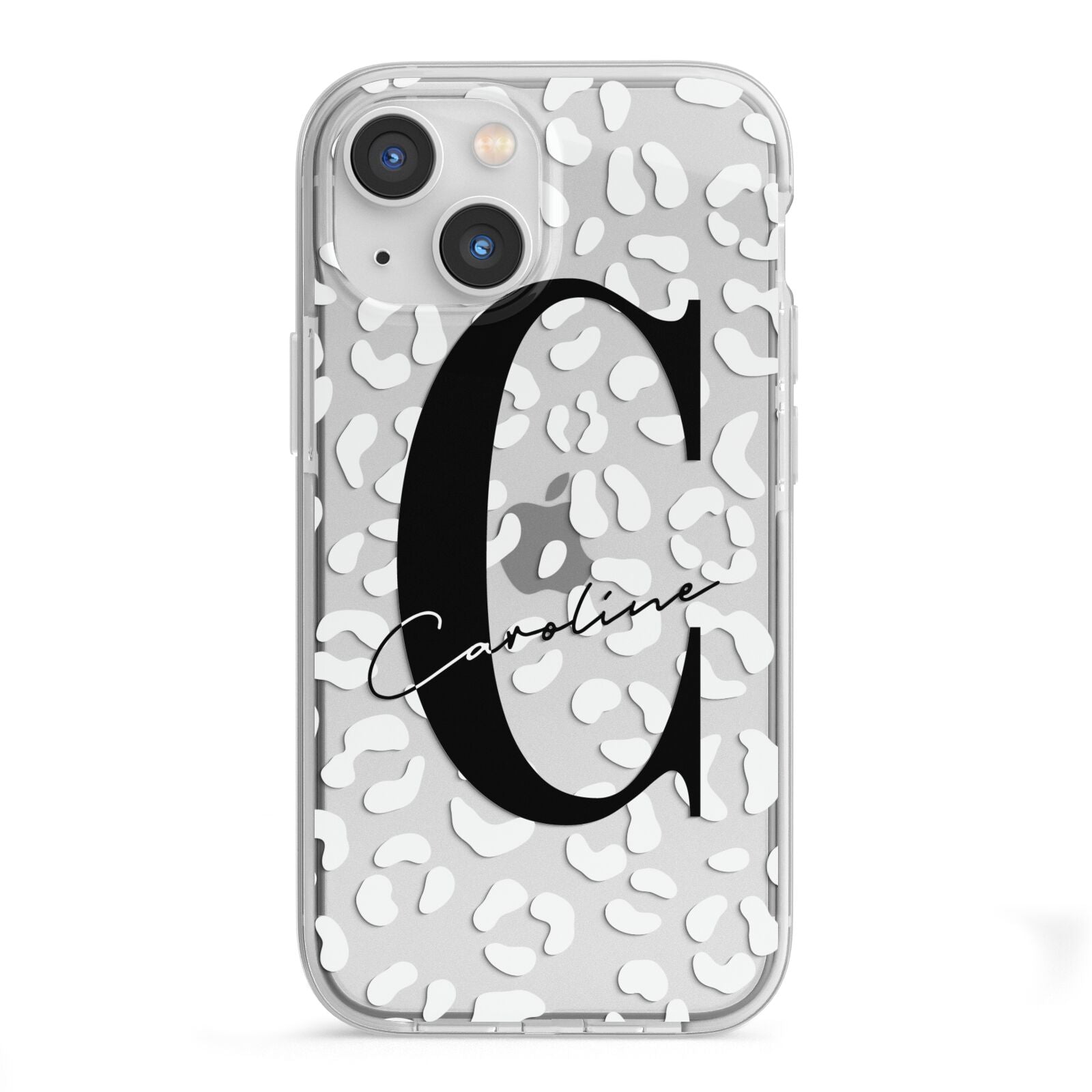 Personalised Leopard Print Clear iPhone 13 Mini TPU Impact Case with White Edges