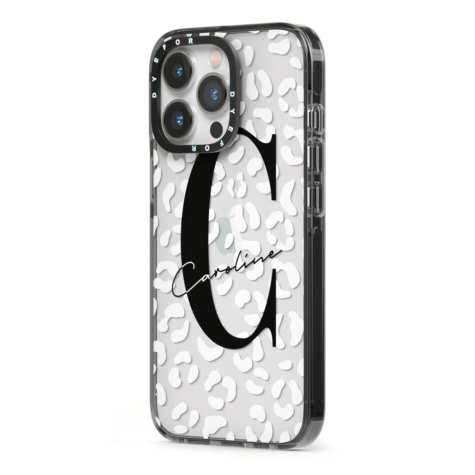 Personalised Leopard Print Clear iPhone 13 Pro Black Impact Case Side Angle on Silver phone