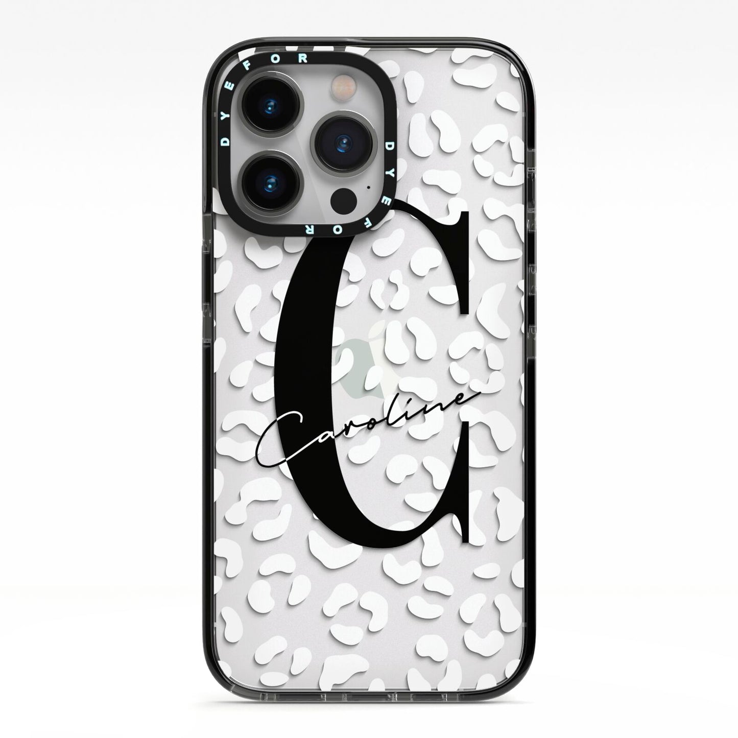Personalised Leopard Print Clear iPhone 13 Pro Black Impact Case on Silver phone