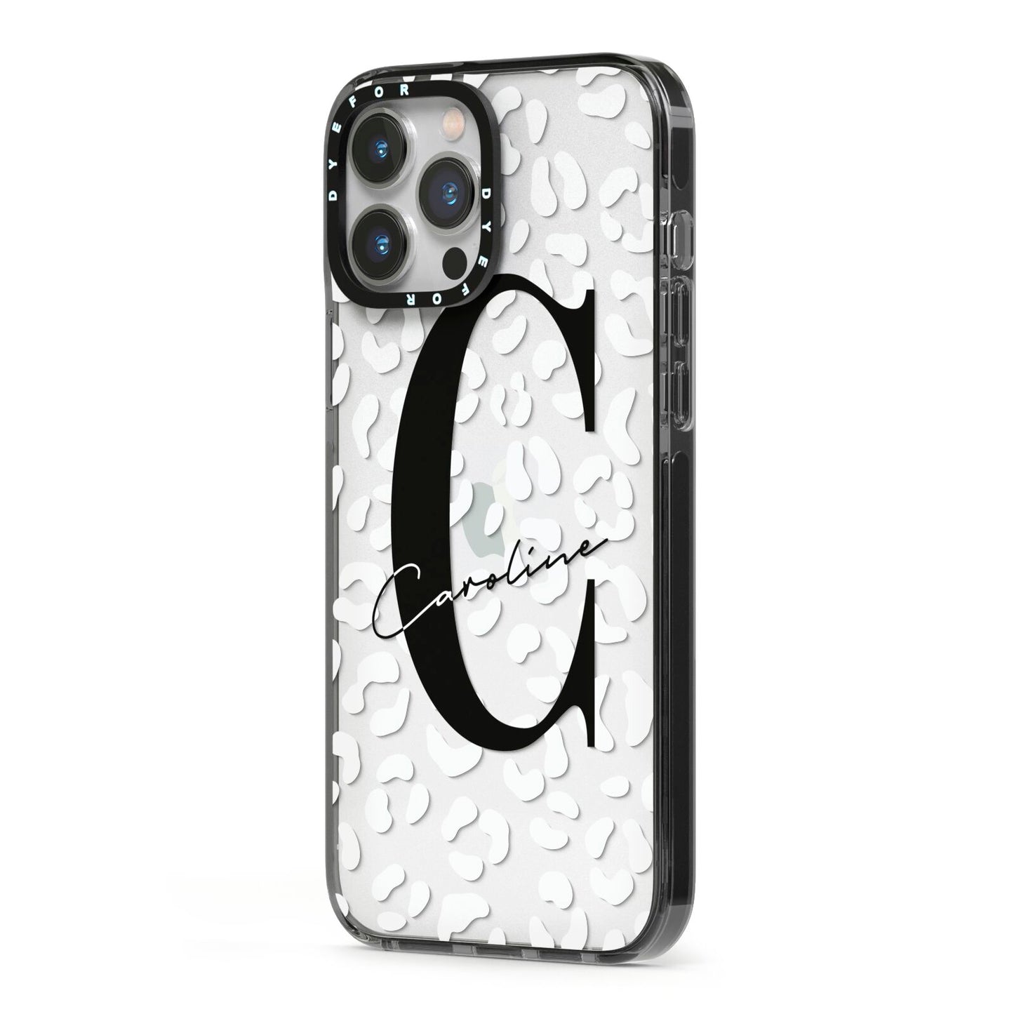 Personalised Leopard Print Clear iPhone 13 Pro Max Black Impact Case Side Angle on Silver phone