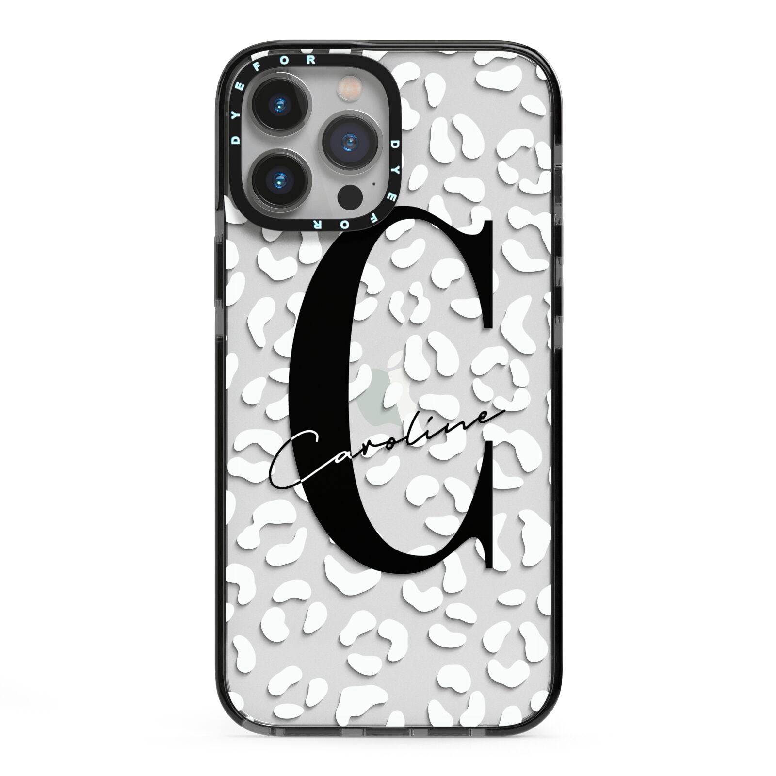 Personalised Leopard Print Clear iPhone 13 Pro Max Black Impact Case on Silver phone