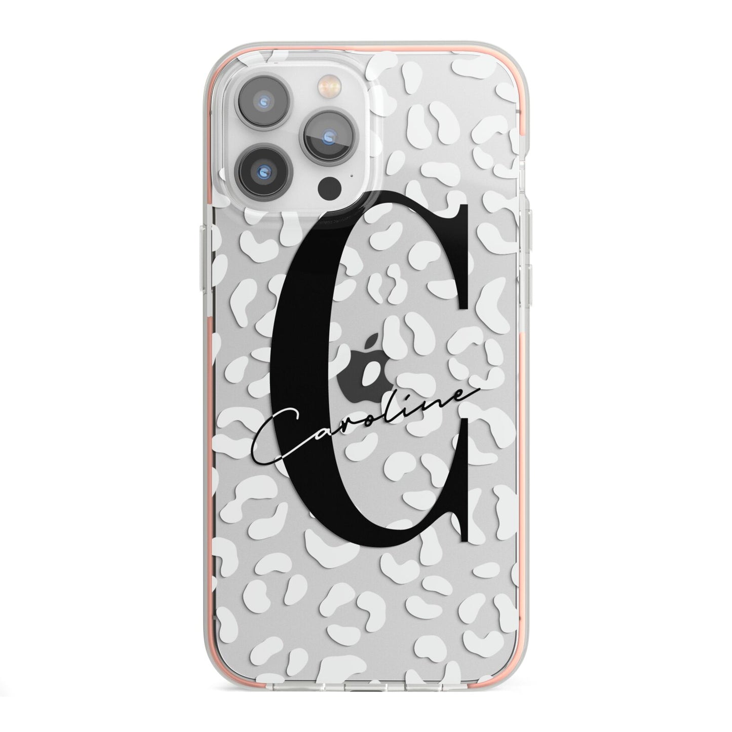 Personalised Leopard Print Clear iPhone 13 Pro Max TPU Impact Case with Pink Edges