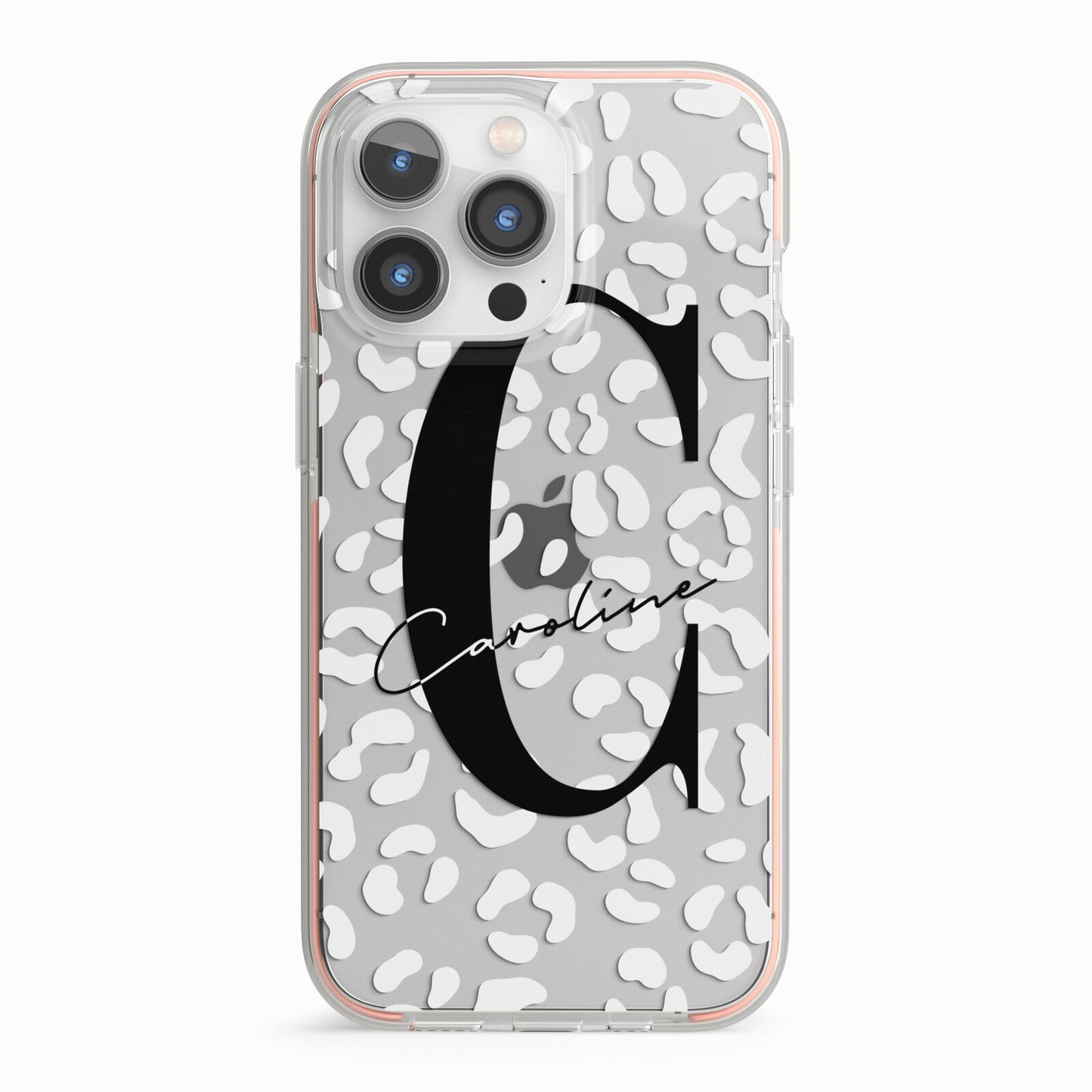 Personalised Leopard Print Clear iPhone 13 Pro TPU Impact Case with Pink Edges