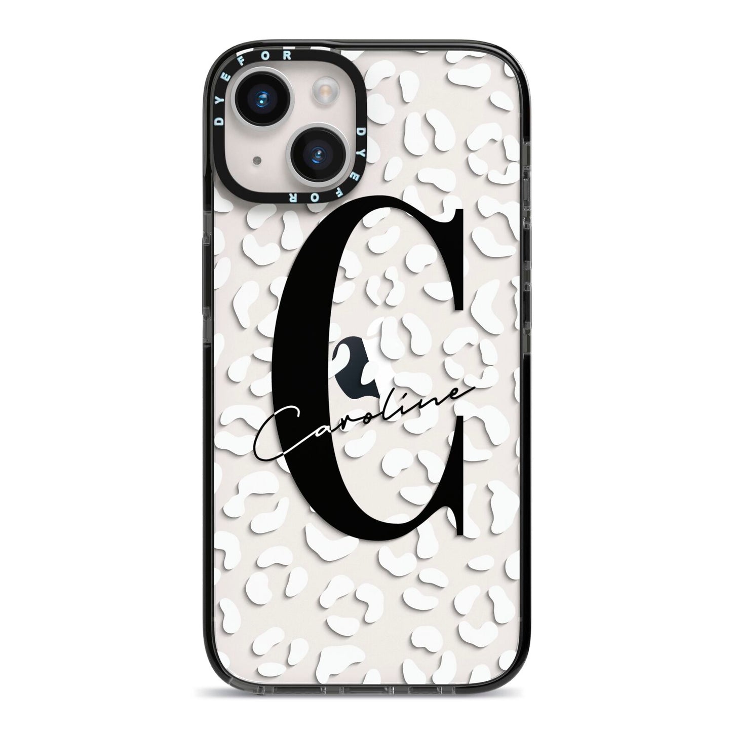 Personalised Leopard Print Clear iPhone 14 Black Impact Case on Silver phone