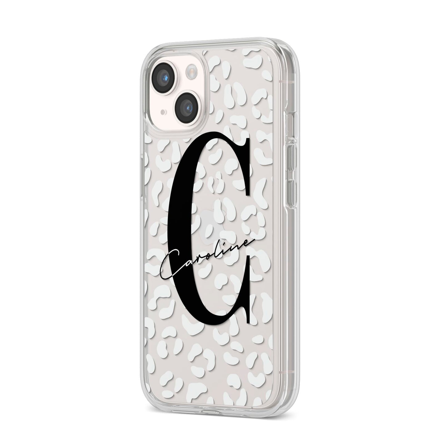 Personalised Leopard Print Clear iPhone 14 Clear Tough Case Starlight Angled Image