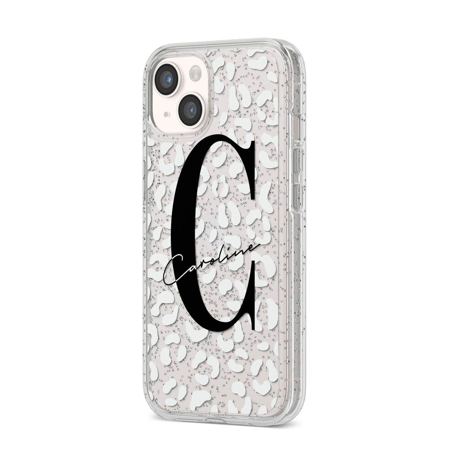 Personalised Leopard Print Clear iPhone 14 Glitter Tough Case Starlight Angled Image