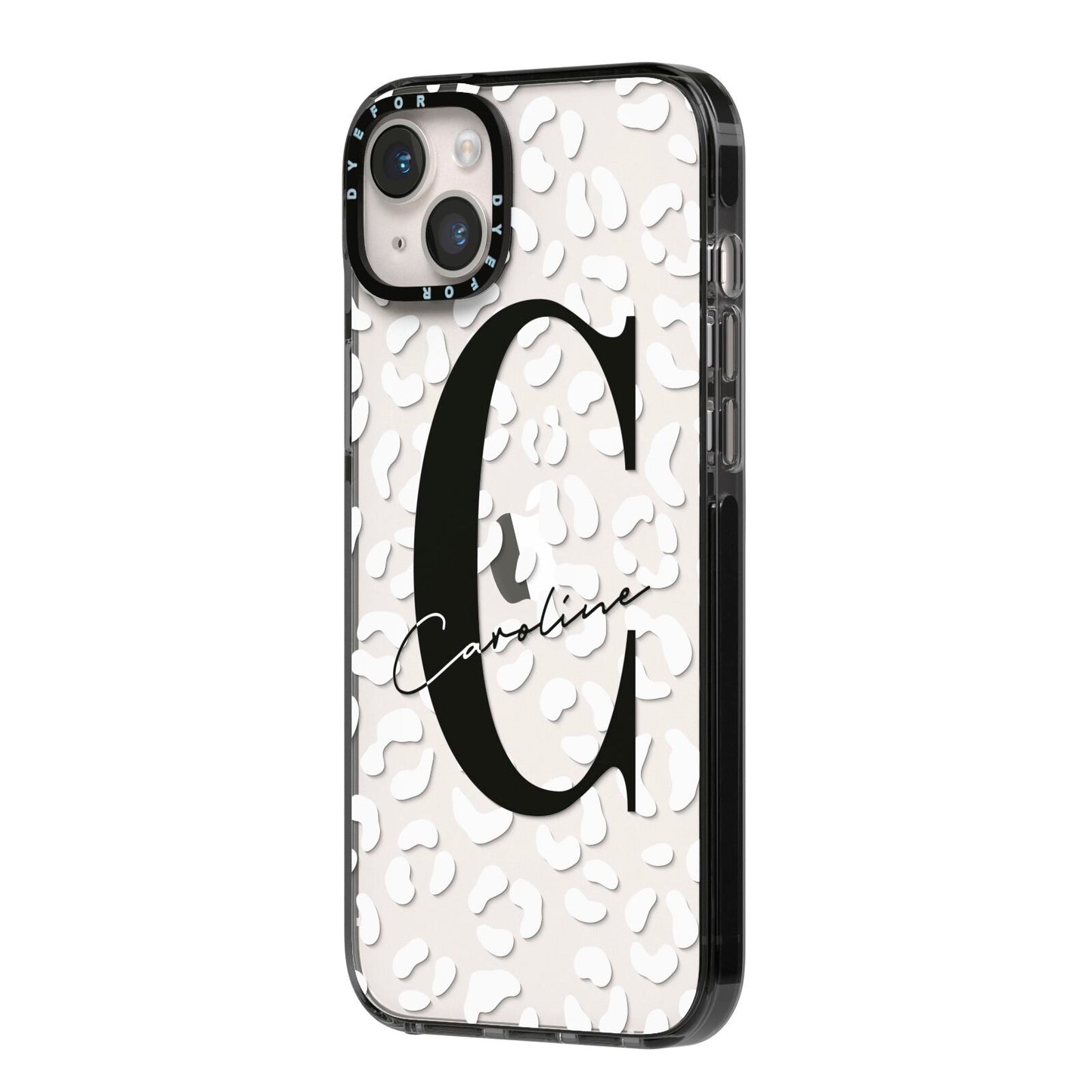 Personalised Leopard Print Clear iPhone 14 Plus Black Impact Case Side Angle on Silver phone