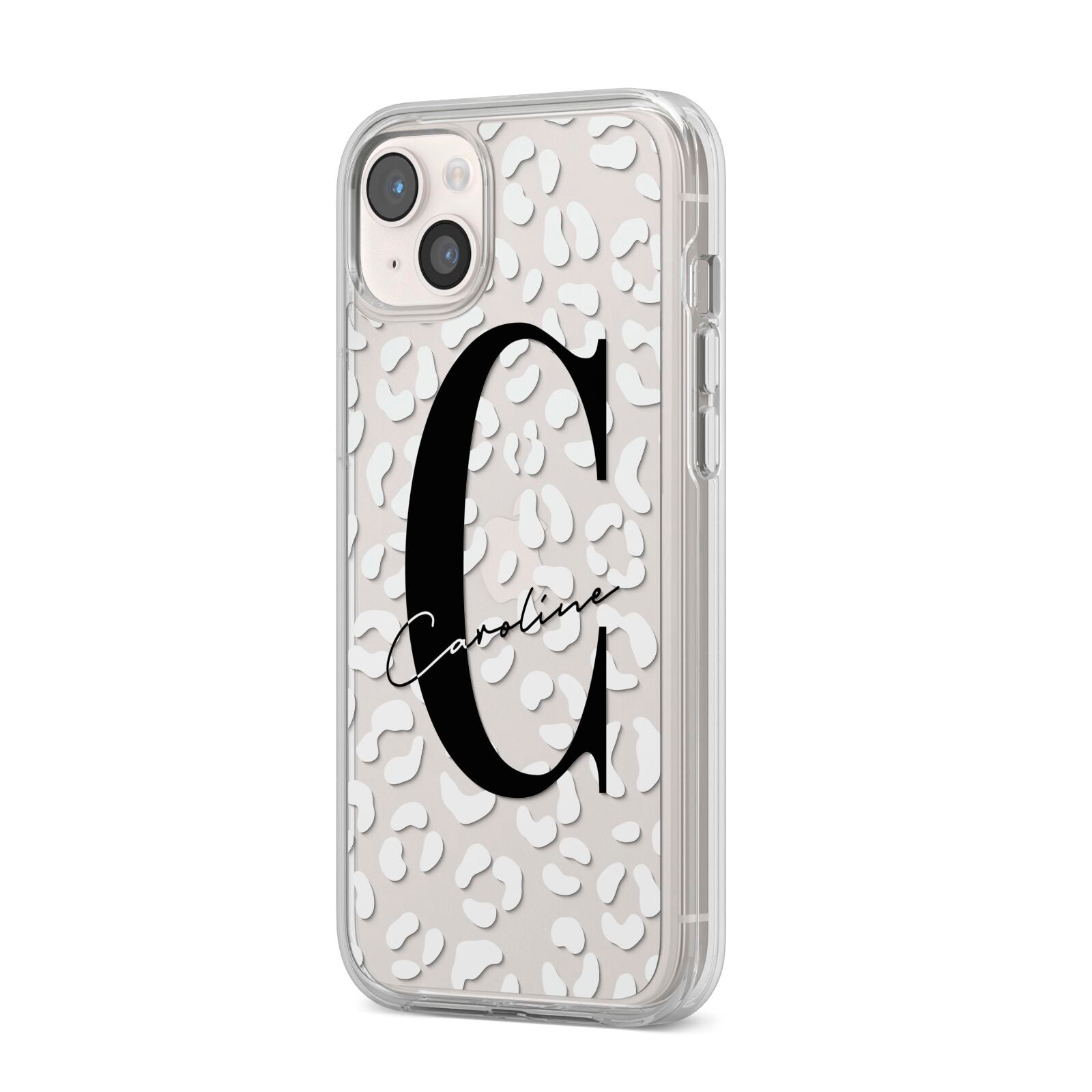 Personalised Leopard Print Clear iPhone 14 Plus Clear Tough Case Starlight Angled Image