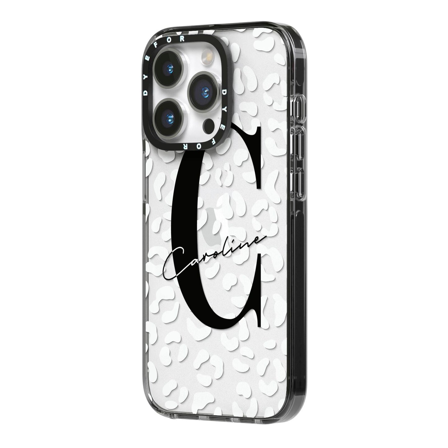 Personalised Leopard Print Clear iPhone 14 Pro Black Impact Case Side Angle on Silver phone