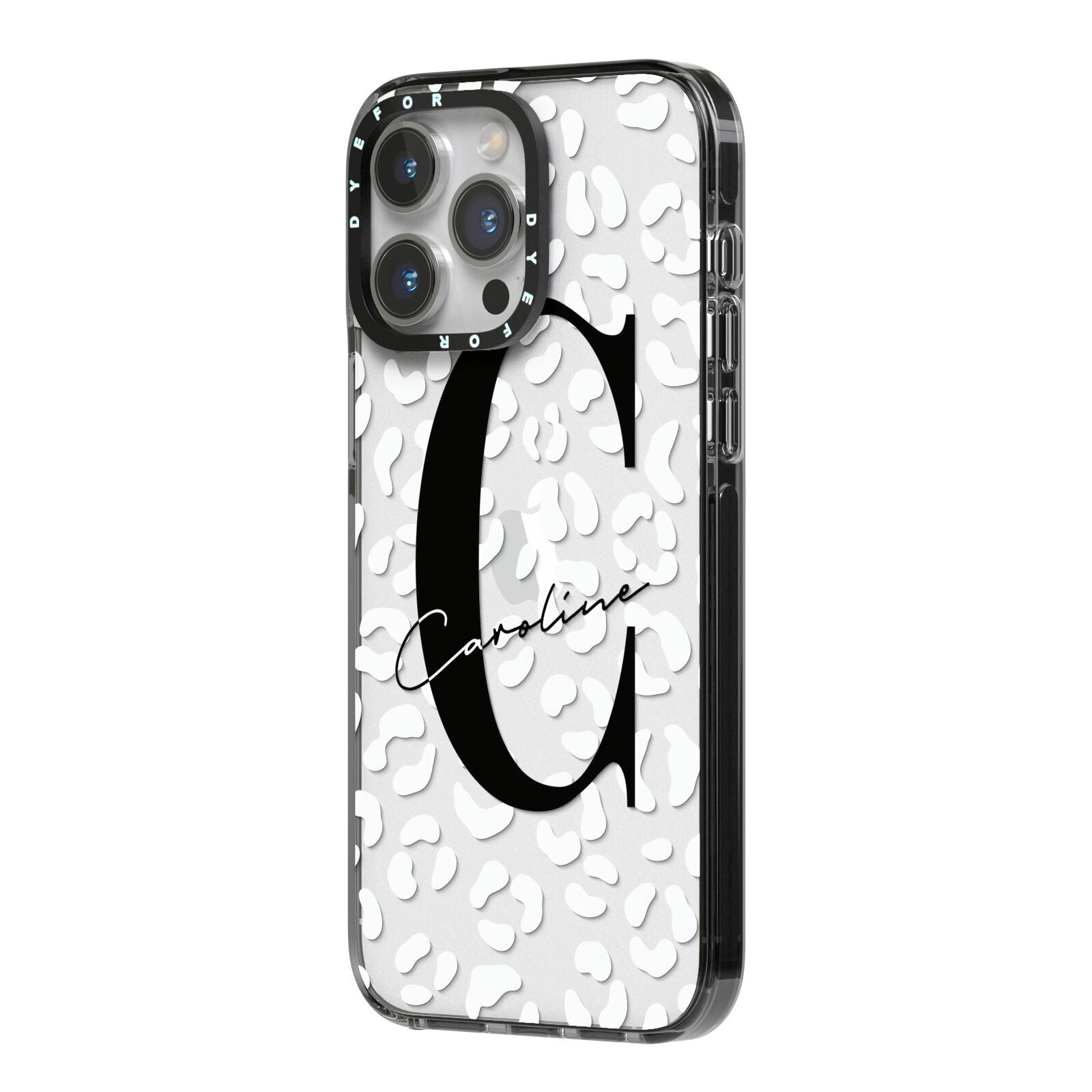 Personalised Leopard Print Clear iPhone 14 Pro Max Black Impact Case Side Angle on Silver phone