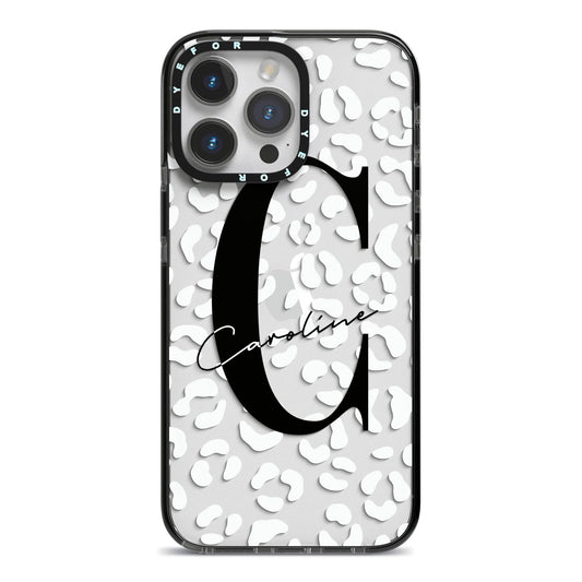 Personalised Leopard Print Clear iPhone 14 Pro Max Black Impact Case on Silver phone