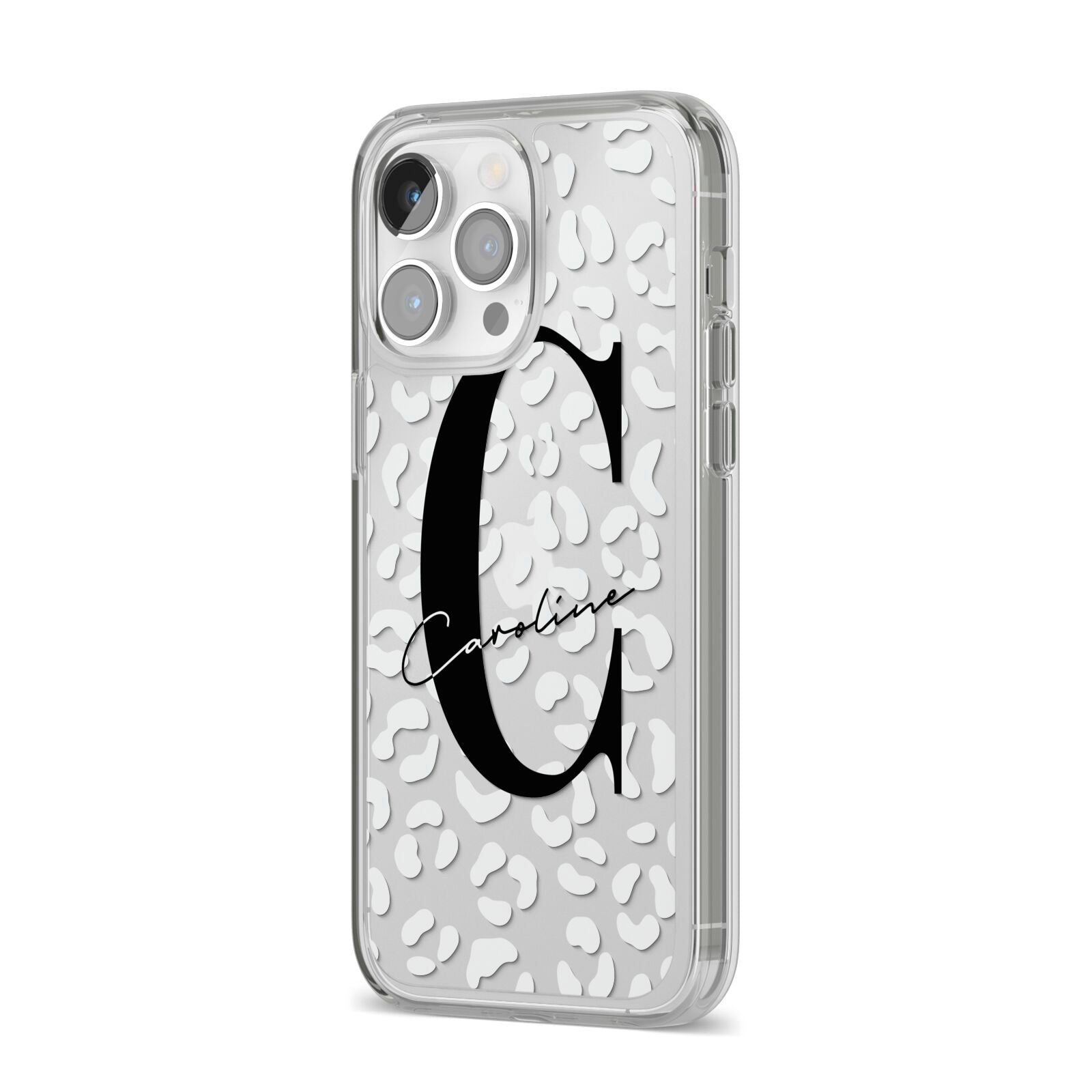 Personalised Leopard Print Clear iPhone 14 Pro Max Clear Tough Case Silver Angled Image