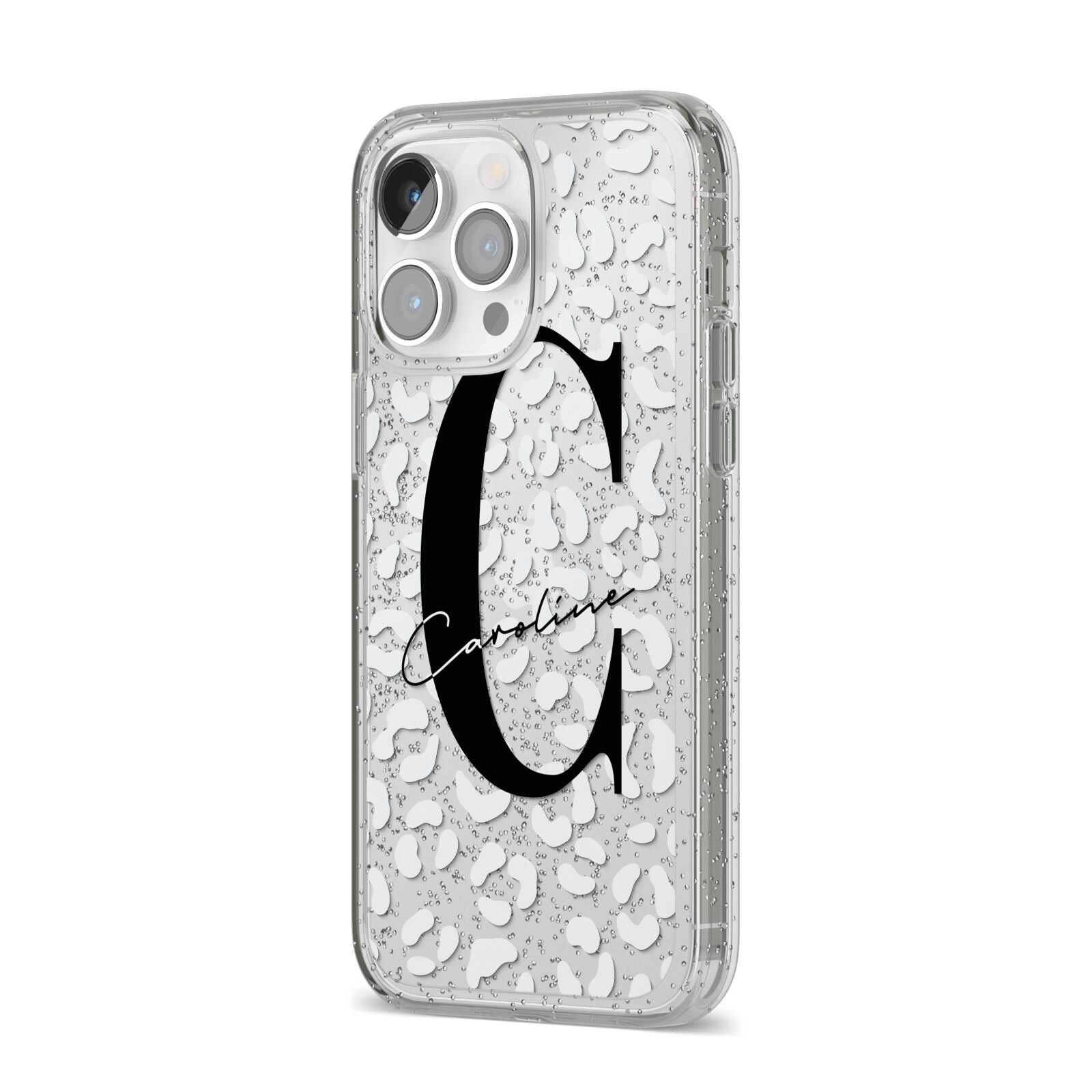 Personalised Leopard Print Clear iPhone 14 Pro Max Glitter Tough Case Silver Angled Image
