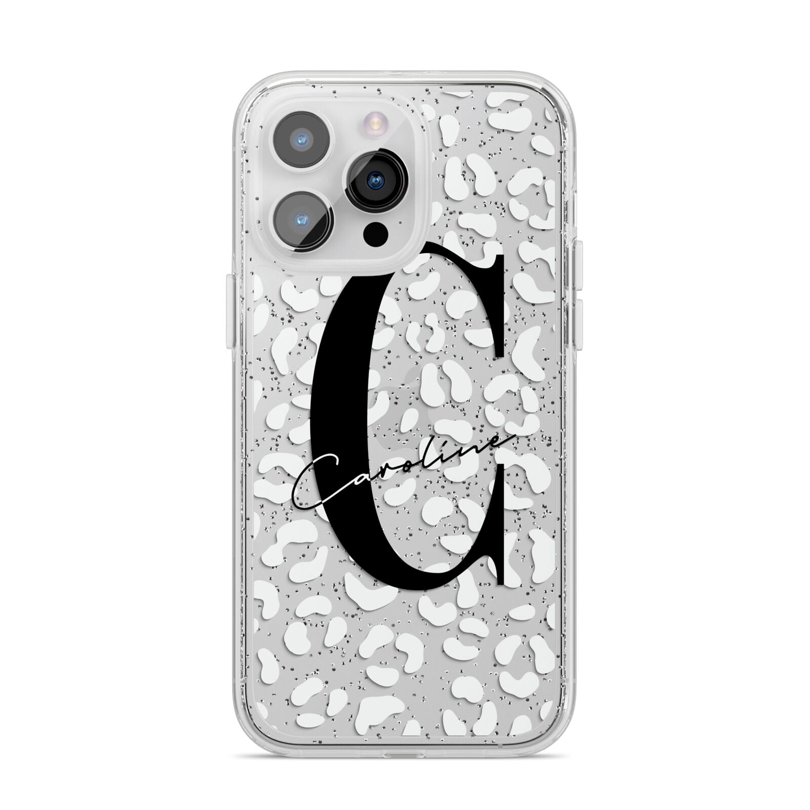 Personalised Leopard Print Clear iPhone 14 Pro Max Glitter Tough Case Silver