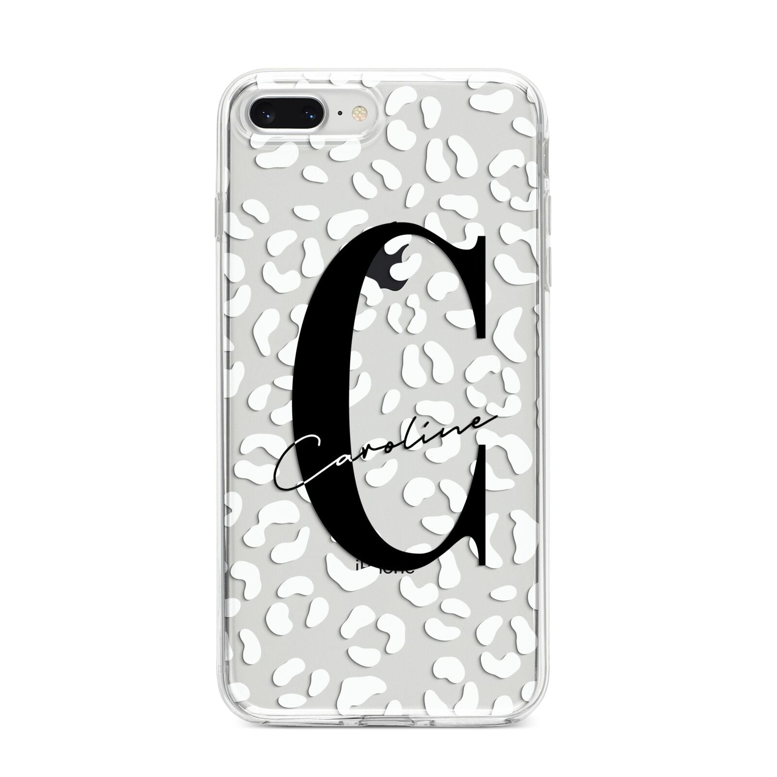 Personalised Leopard Print Clear iPhone 8 Plus Bumper Case on Silver iPhone