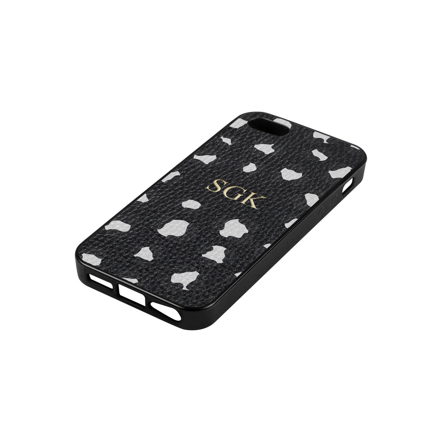 Personalised Leopard Print Embossed Black Pebble Leather iPhone 5 Case Side Angle