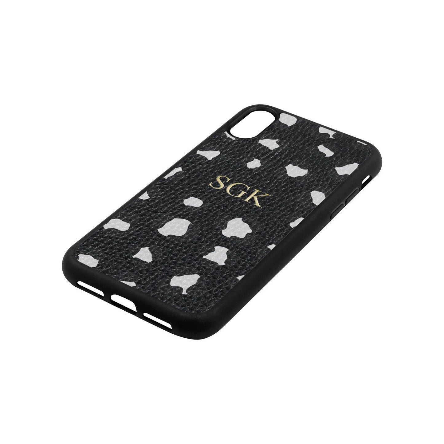 Personalised Leopard Print Embossed Black Pebble Leather iPhone Xr Case Side Angle