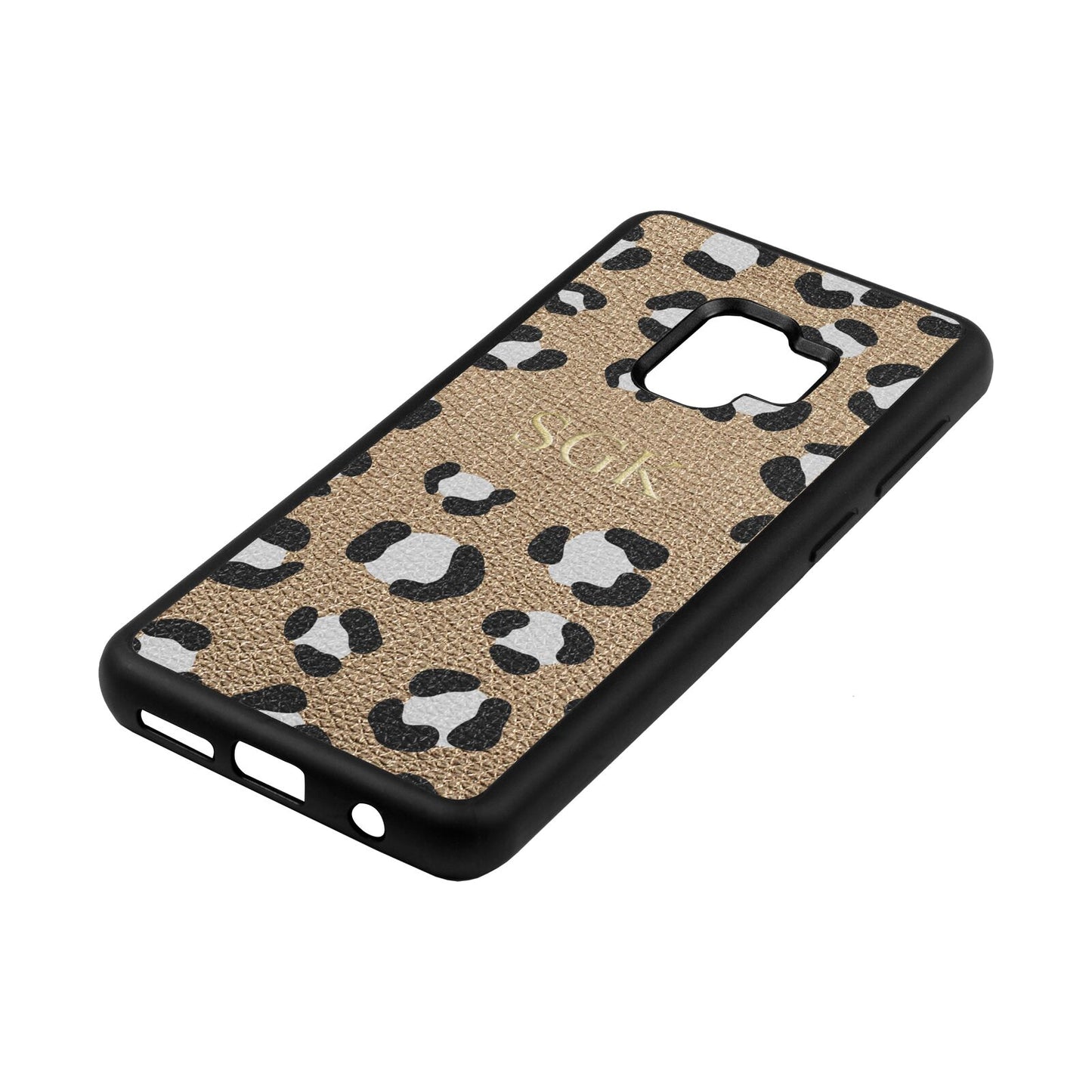 Personalised Leopard Print Embossed Gold Pebble Leather Samsung S9 Case Side Angle
