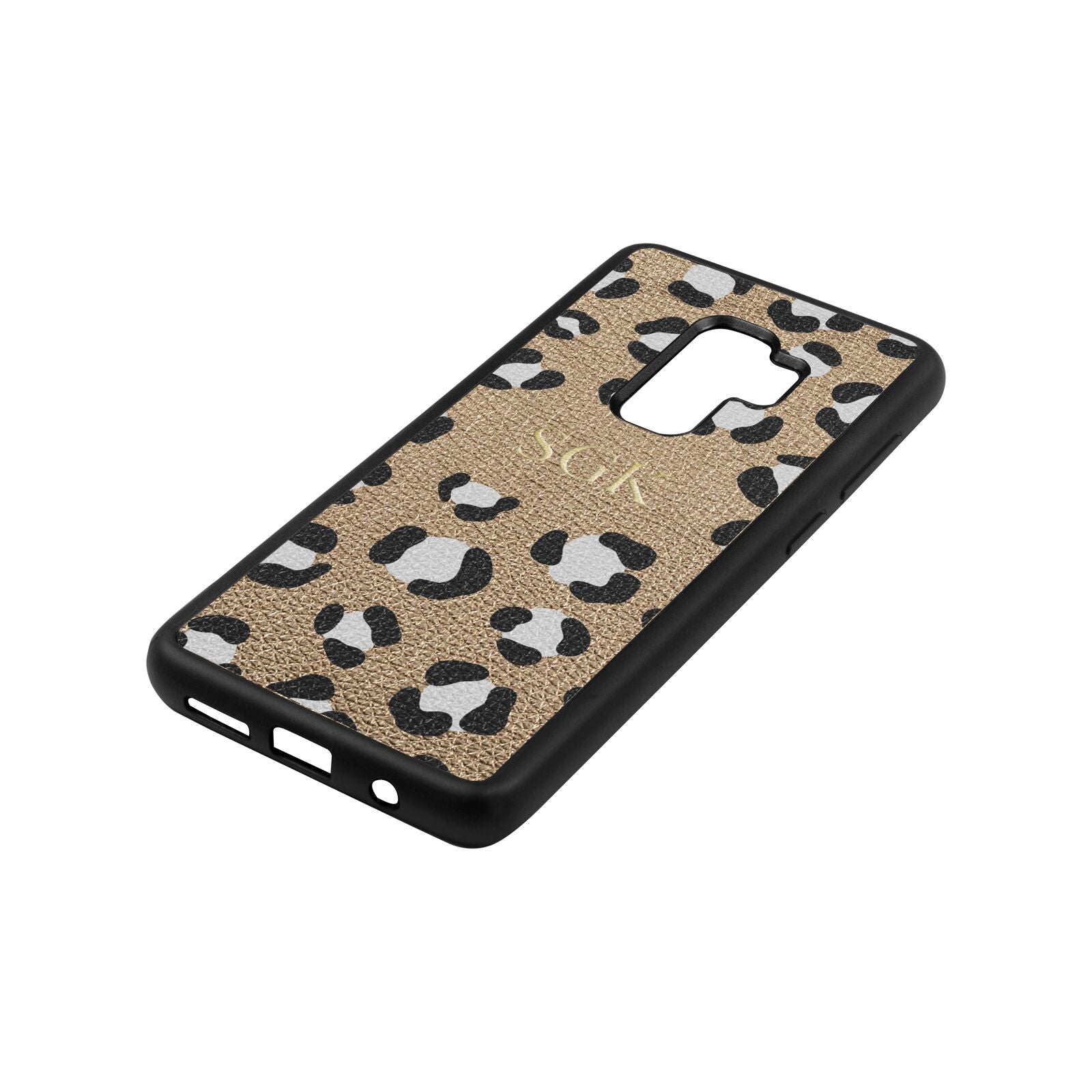 Personalised Leopard Print Embossed Gold Pebble Leather Samsung S9 Plus Case Side Angle