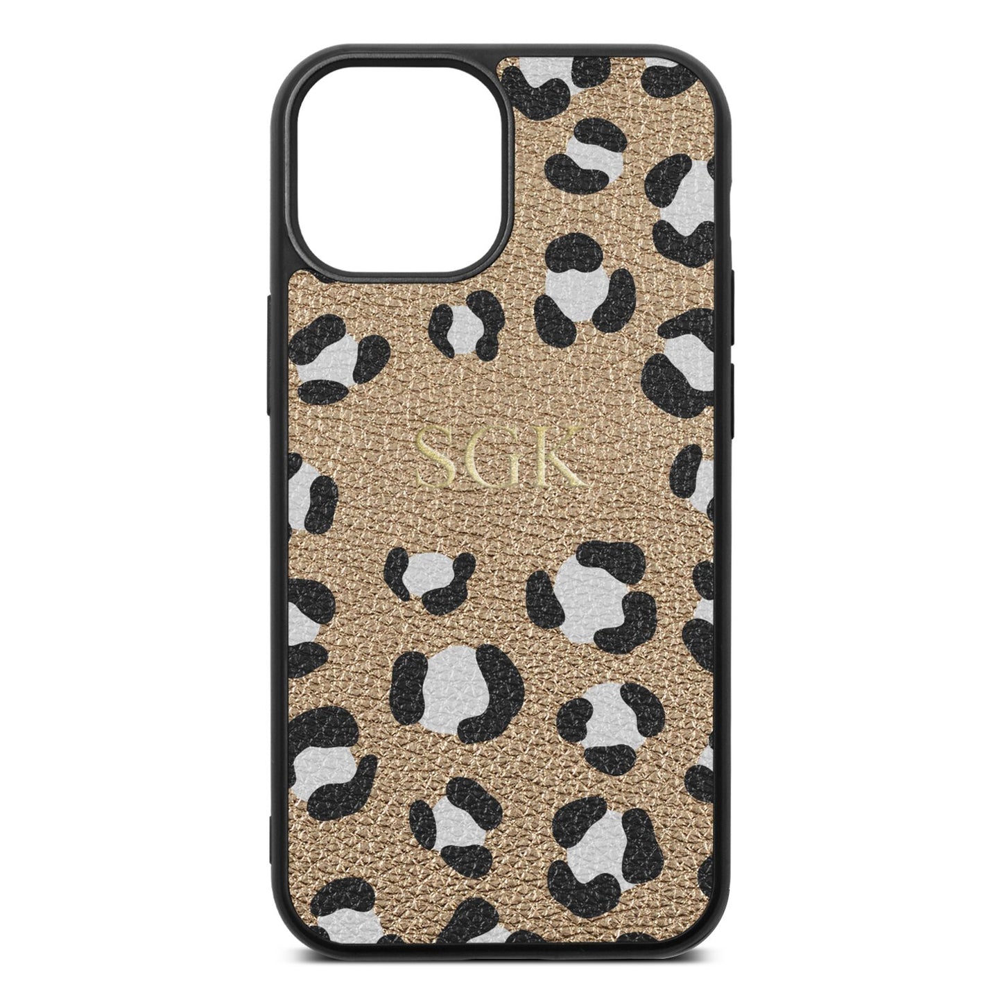 Personalised Leopard Print Embossed Gold Pebble Leather iPhone 13 Mini Case