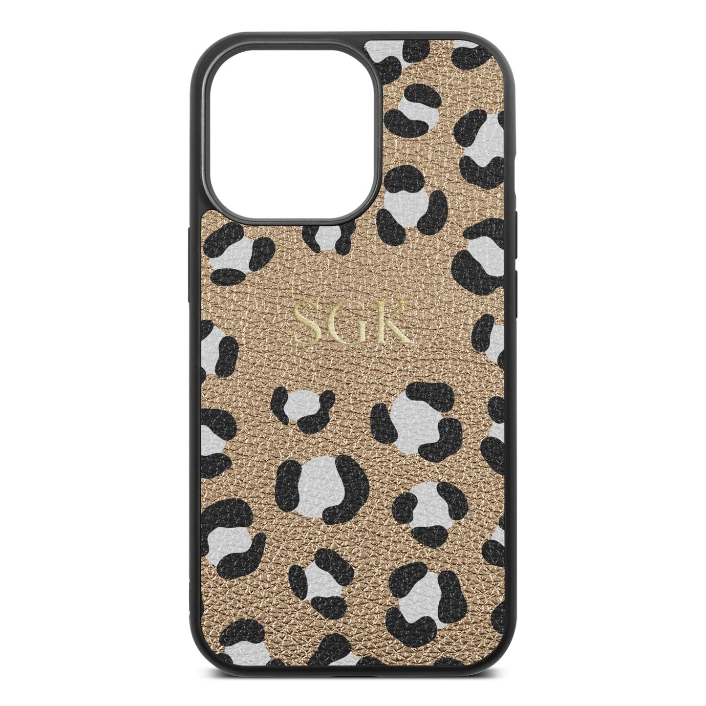 Personalised Leopard Print Embossed Gold Pebble Leather iPhone 13 Pro Case