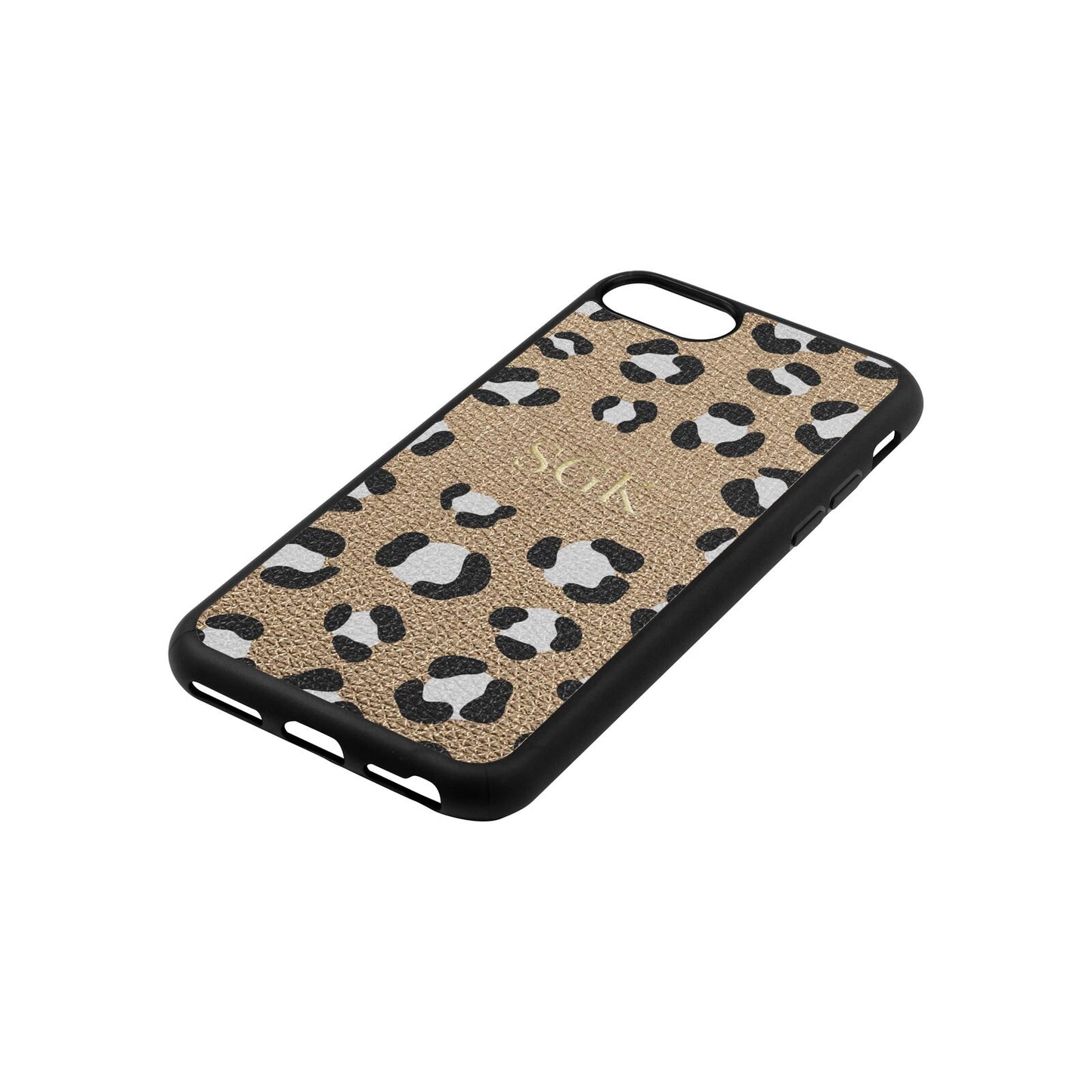 Personalised Leopard Print Embossed Gold Pebble Leather iPhone 8 Case Side Angle