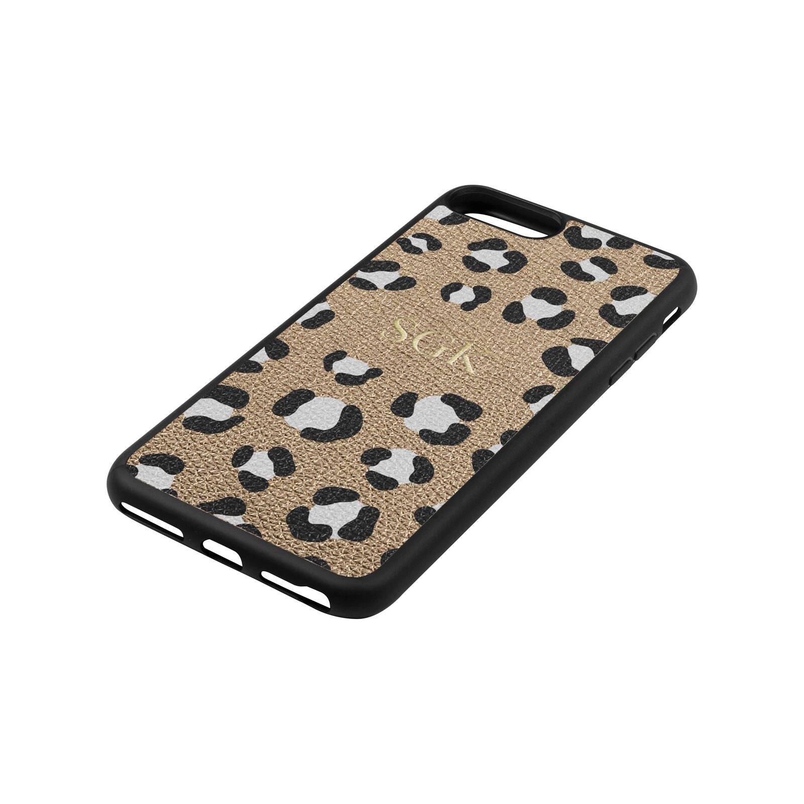 Personalised Leopard Print Embossed Gold Pebble Leather iPhone 8 Plus Case Side Angle