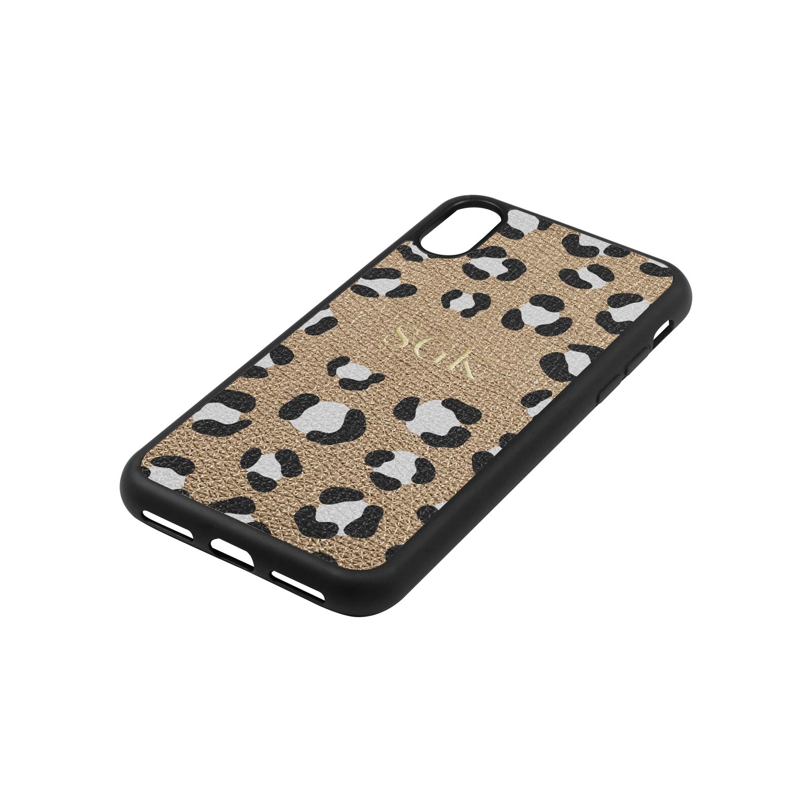 Personalised Leopard Print Embossed Gold Pebble Leather iPhone Xs Case Side Angle