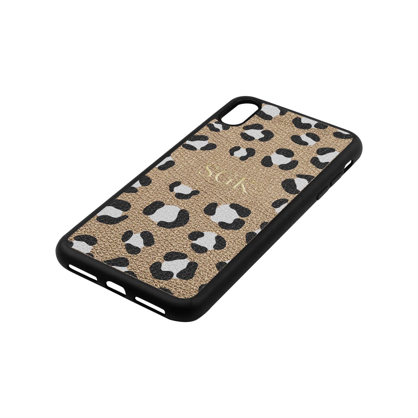 Personalised Leopard Print Embossed Gold Pebble Leather iPhone Xs Max Case Side Angle