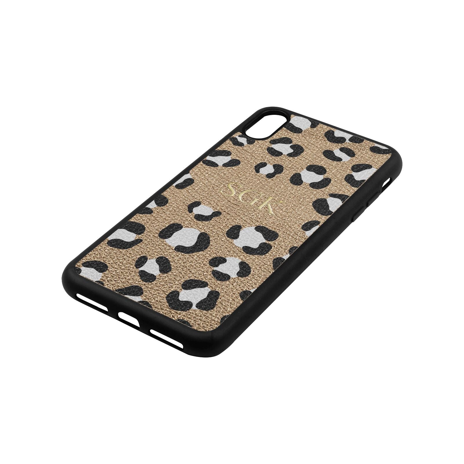 Personalised Leopard Print Embossed Gold Pebble Leather iPhone Xs Max Case Side Angle