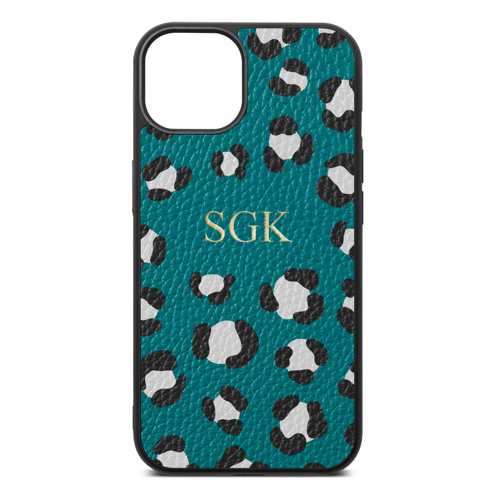 Personalised Leopard Print Embossed Green Pebble Leather iPhone 13 Case