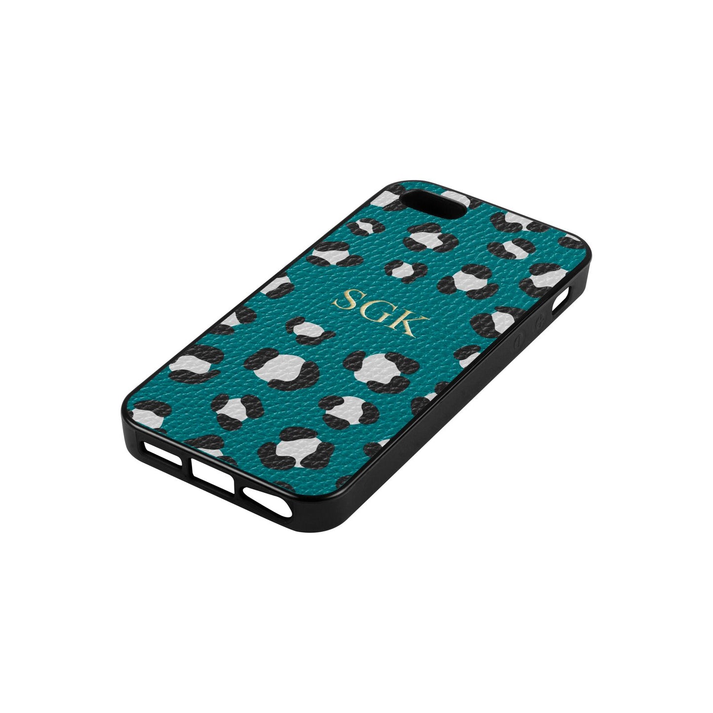 Personalised Leopard Print Embossed Green Pebble Leather iPhone 5 Case Side Angle