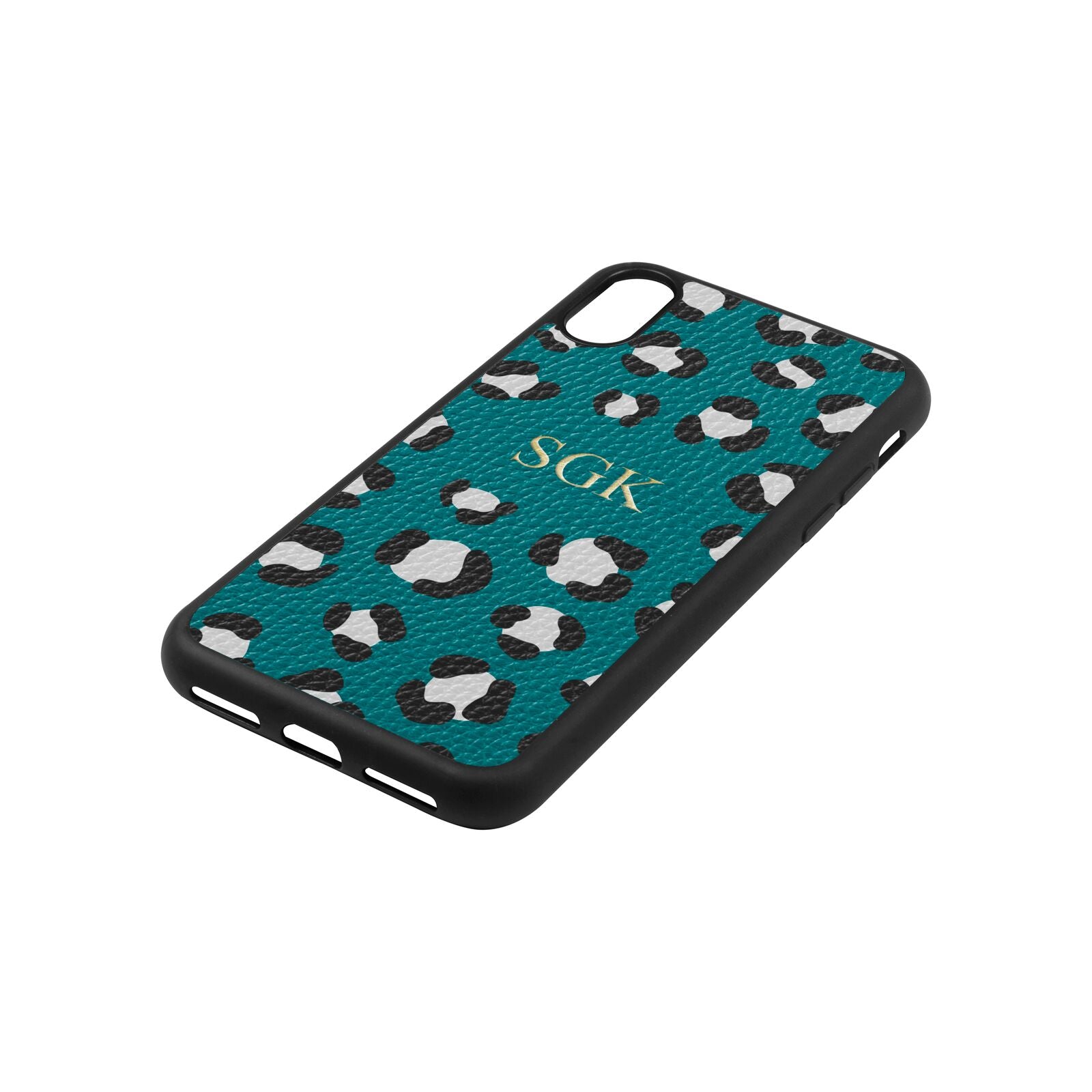 Personalised Leopard Print Embossed Green Pebble Leather iPhone Xs Case Side Angle